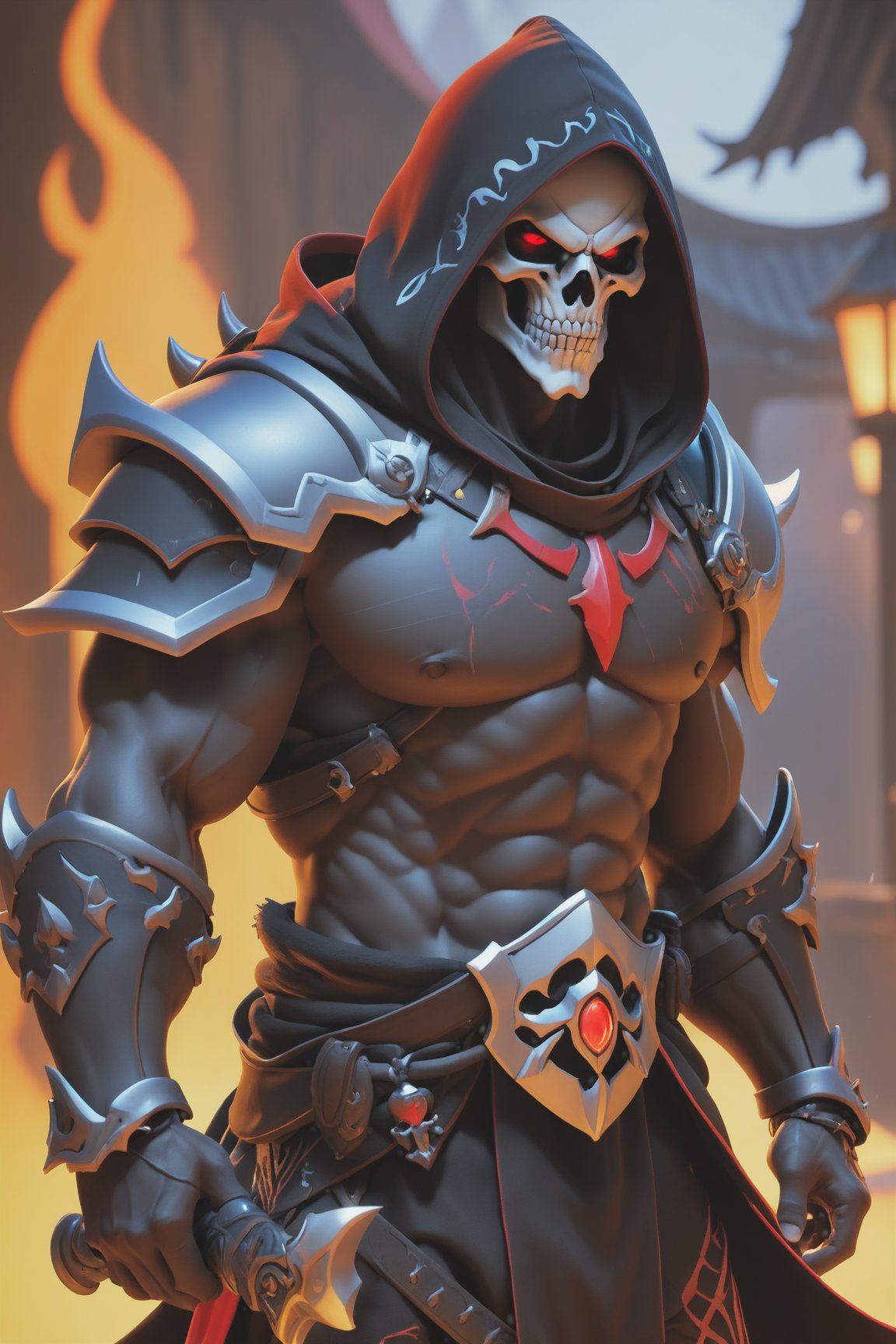 (best quality), (4K, HDR), ((Overwatch)), barbarian Reaper, musuclar man, hooded, strong body, glowing red eyes, (Death shot), fantasy style armor and clothing, fantasy, vibrant colors, dark fantasy, dark