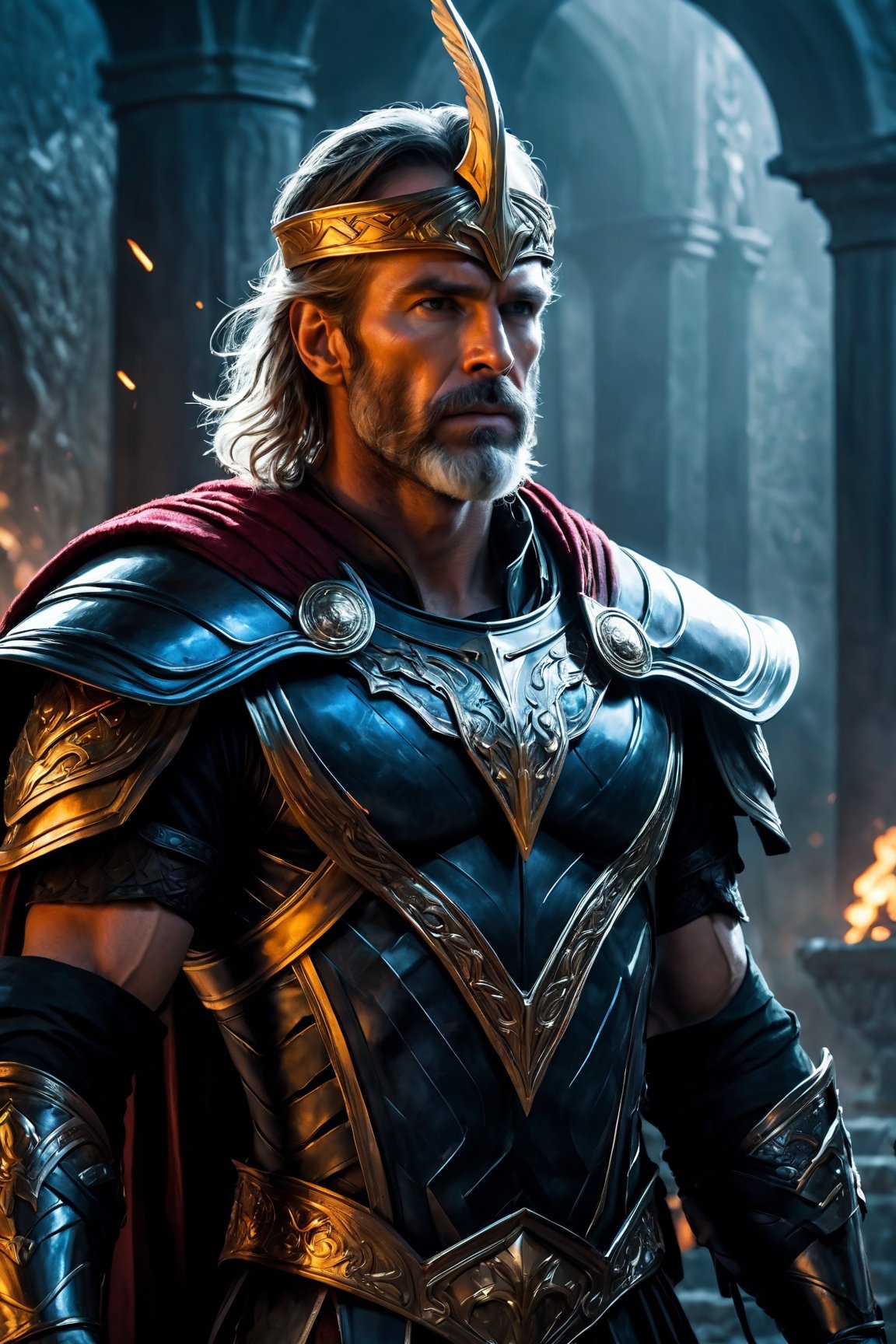 (8k HDR), (masterpiece, best quality), ((dark fantasy)),

Portrait: Thadeus in Regal Armor:

"Generate a close-up portrait of Thadeus, the God of Thunder and the Underworld, wearing regal armor that blends elements of Thor's iconic attire with the dark, imposing aesthetic of Hades. His expression is solemn yet commanding, reflecting his dual role as ruler of both realms."

dark and vibrant, (micheal bay cinematic shots), depth of field, cinematic scenery, 2D