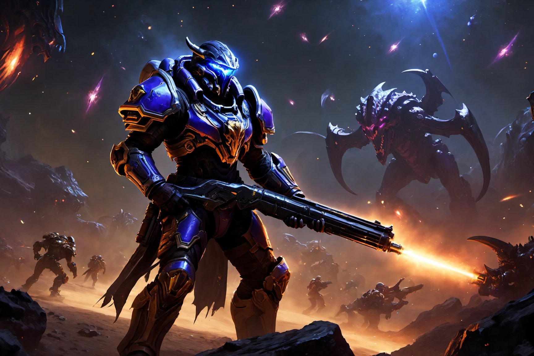 (8k UDR), (masterpiece, best quality), ((Starcraft)), 

Create an image of a Space Cowboy ranger on a Zerg infested world, he will be duel wielding two space revolvers, standing his ground on the remains of a dead world, (quality camera shots), portrait, dark atmosphere, vibrant colors, depth of field, ,HellAI,fire,skull,monster