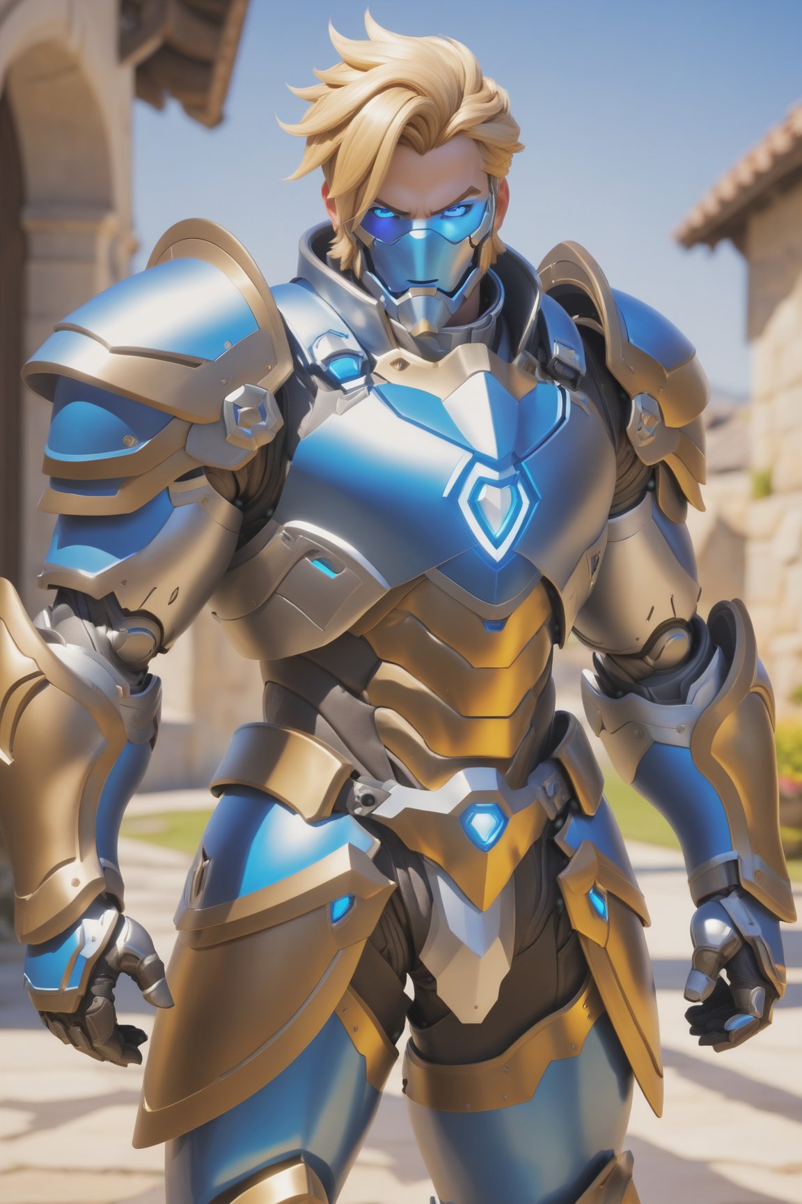 (best quality), (4K, HDR), ((Overwatch)), Paladin Reinhart, musuclar man, shiny armor, strong body, blonde hair, blue eyes, might shield (various camera angles), fantasy style armor and clothing, fantasy, vibrant colors, 