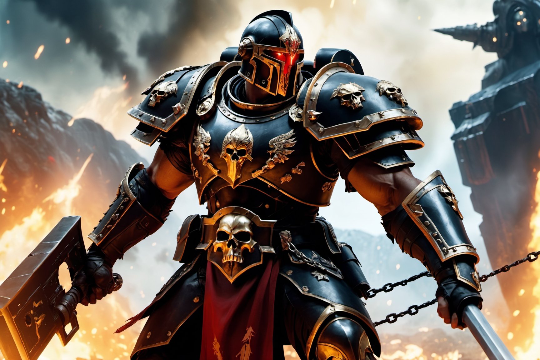 (8k HDR), (masterpiece, best quality),

Title: Ares, God of War in the Warhammer 40K Universe

"Ares as a Space Marine Captain in Warhammer 40K, charging into battle against alien enemies on a war-torn planet. He wears ornate, blood-red power armor adorned with war symbols and skulls, wielding a glowing thunder hammer wrapped in chains and a bolt pistol. The battlefield is chaotic with explosions, smoke, and falling drop pods, under a dark, fiery sky."

dark and vibrant, (micheal bay cinematic shots), depth of field, 2D