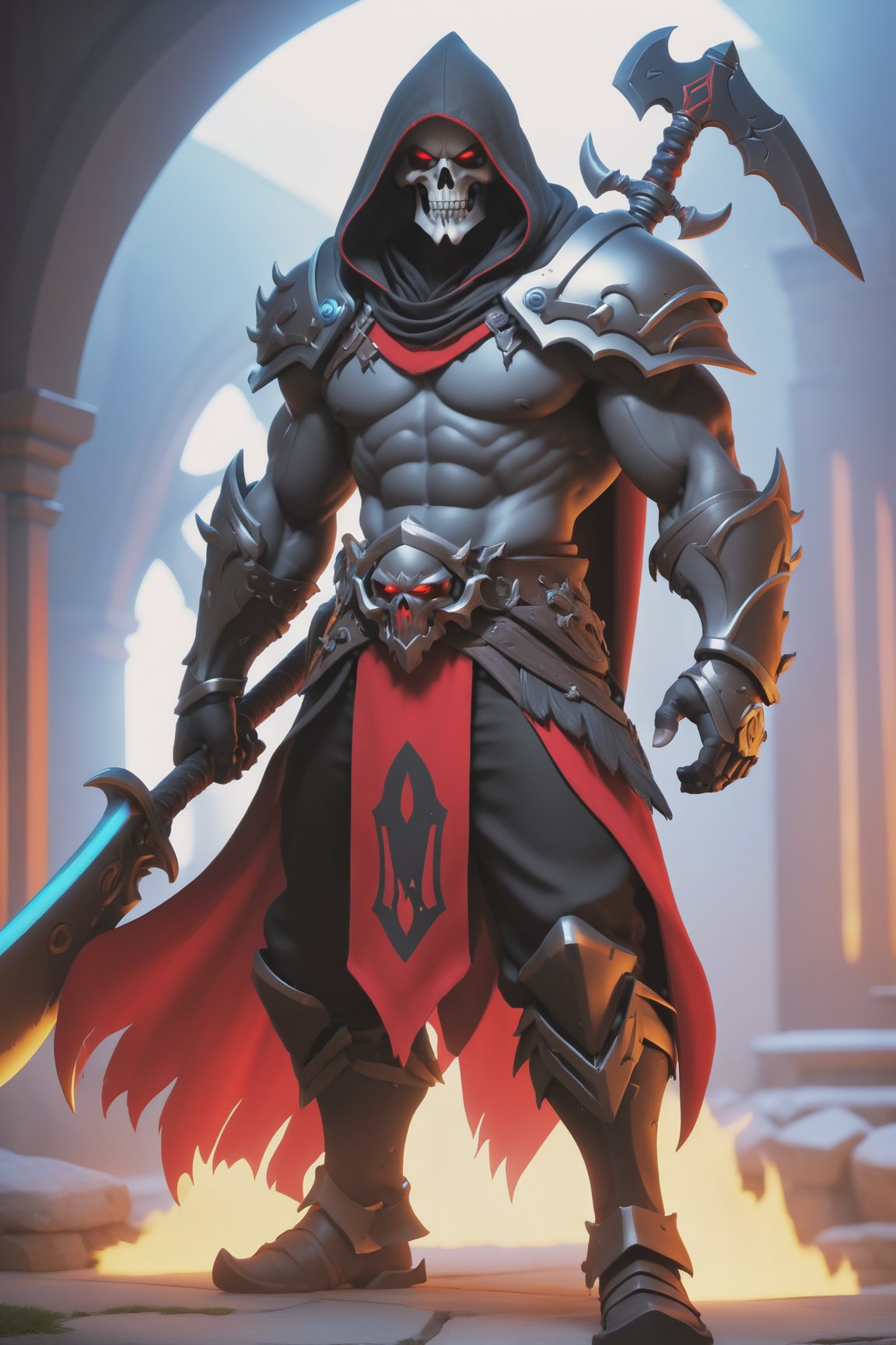 (best quality), (4K, HDR), ((Overwatch)), barbarian Reaper, musuclar man, hooded, strong body, glowing red eyes, (Death shot), fantasy style armor and clothing, fantasy, vibrant colors, dark fantasy, dark