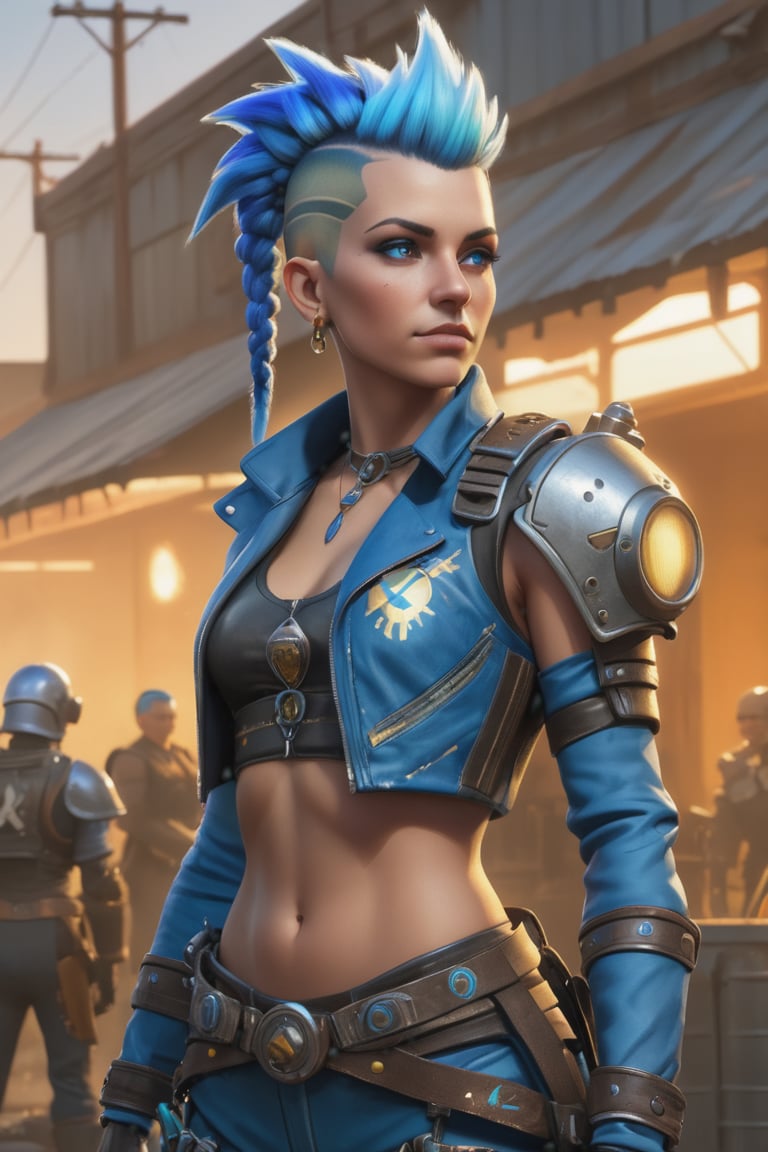 junker queen, tall woman, blue mohawk hair braids, shining body, glowing look, looking at camera, fallout style armor and clothing, 