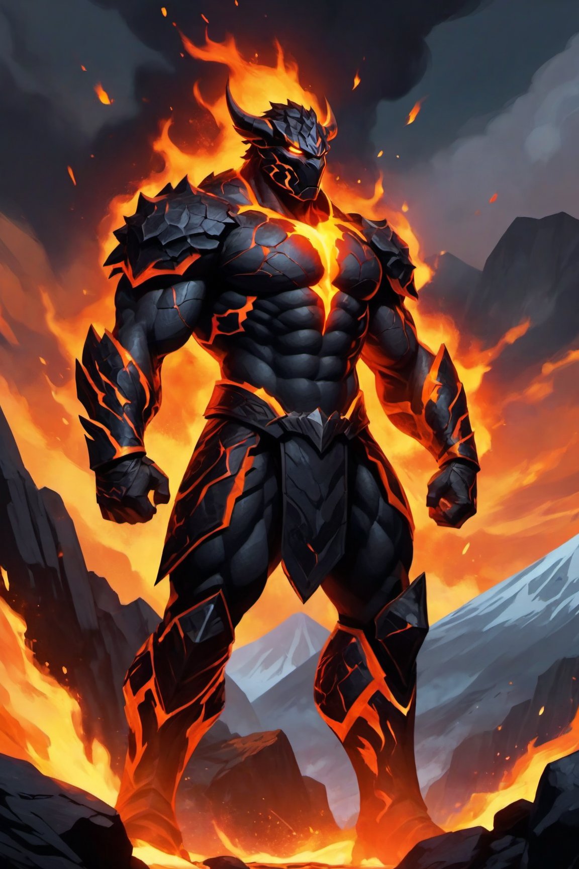(masterpiece, best quality), (8K, UHD), 

"Create an image of a powerful hero made of volcanic rock, standing tall amidst a molten landscape. His body is formed from rugged, dark volcanic stone, with glowing veins of molten lava coursing through his frame, illuminating his immense strength. His eyes blaze with fiery intensity, and his hands are surrounded by a radiant aura of heat and magma. The hero's presence exudes raw power and resilience, with cracks in his rocky exterior revealing the molten core within. He stands ready for battle, with molten lava dripping from his fists and a background of erupting volcanoes and rivers of lava highlighting his formidable nature."

vibrant colors, dark lighting, glowing, ,Comics style pony