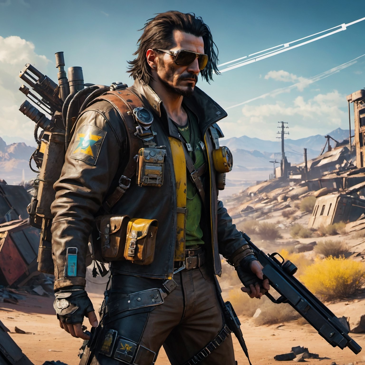 (8k HDR), (masterpiece, best quality), 

"Visualize Johnny Silverhand from Cyberpunk 2077 adapted into the Fallout universe as a rugged wasteland wanderer. He dons a patched-up leather jacket with radiation-resistant lining, adorned with various faction pins and badges from the Fallout world. His iconic cybernetic arm has been further modified with attachments useful for survival in the wasteland, including a Geiger counter and a built-in pip-boy interface. Strapped to his back is a makeshift electric guitar, cobbled together from old world tech and scrap parts. He navigates a rocky terrain littered with the debris of fallen airships and distant views of dilapidated structures, his gaze fixed on the horizon, a defiant symbol of survival and resistance against the chaos of the wasteland."

dark atmosphere, vibrant colors, (various camera shots), depth of field, 2D