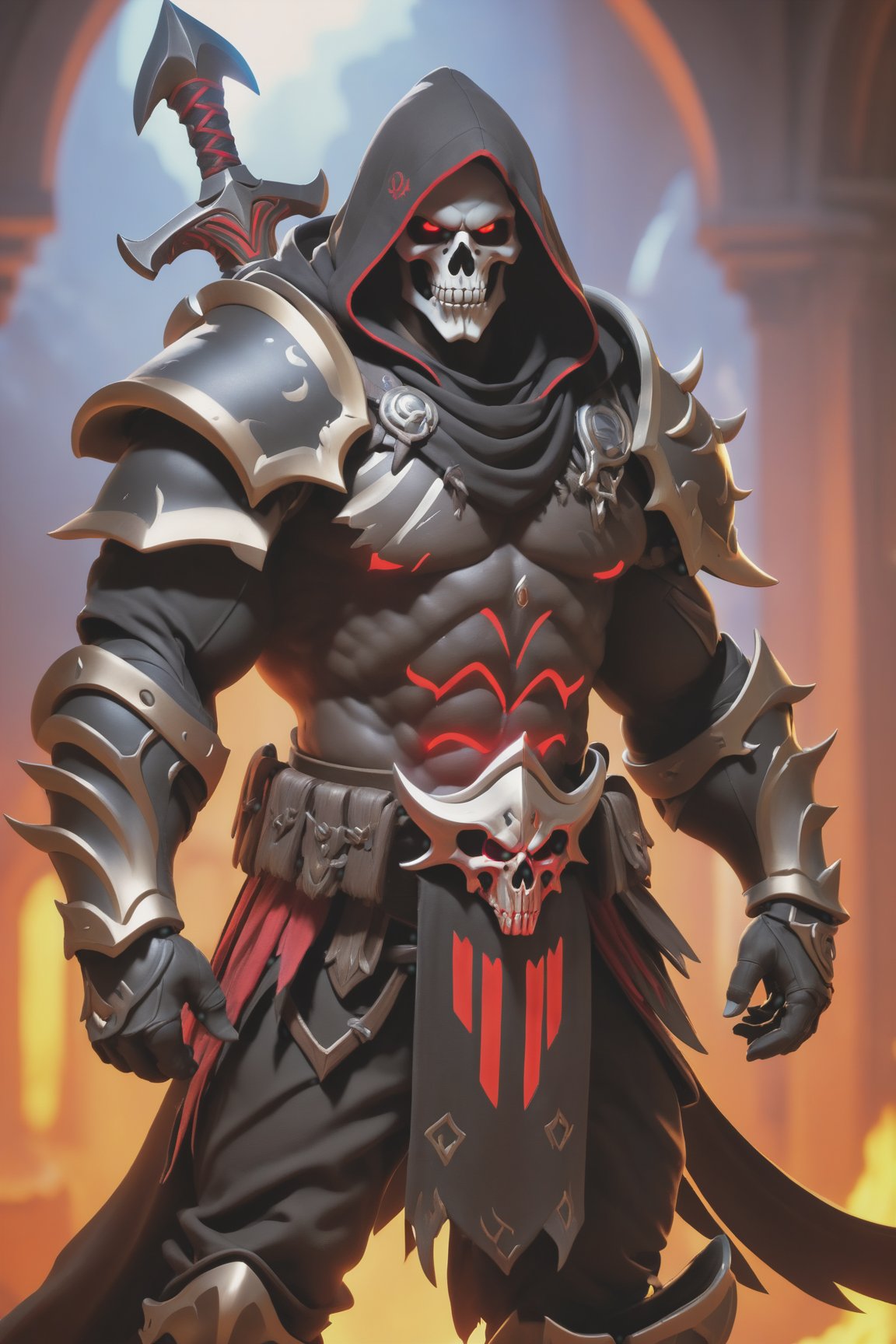 (best quality), (4K, HDR), ((Overwatch)), barbarian Reaper, musuclar man, hooded, strong body, glowing red eyes, (Death shot), fantasy style armor and clothing, fantasy, vibrant colors, dark fantasy, dark