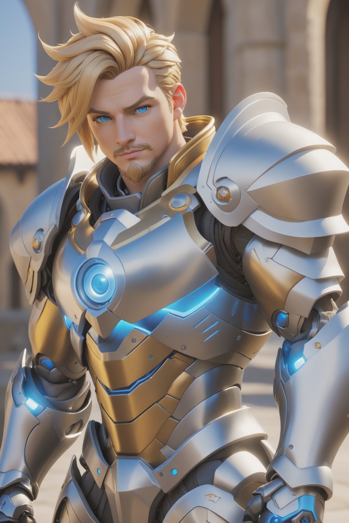 (best quality), (4K, HDR), ((Overwatch)), Paladin Reinhart, musuclar man, shiny armor, strong body, blonde hair, blue eyes, might shield (various camera angles), fantasy style armor and clothing, fantasy, vibrant colors, 