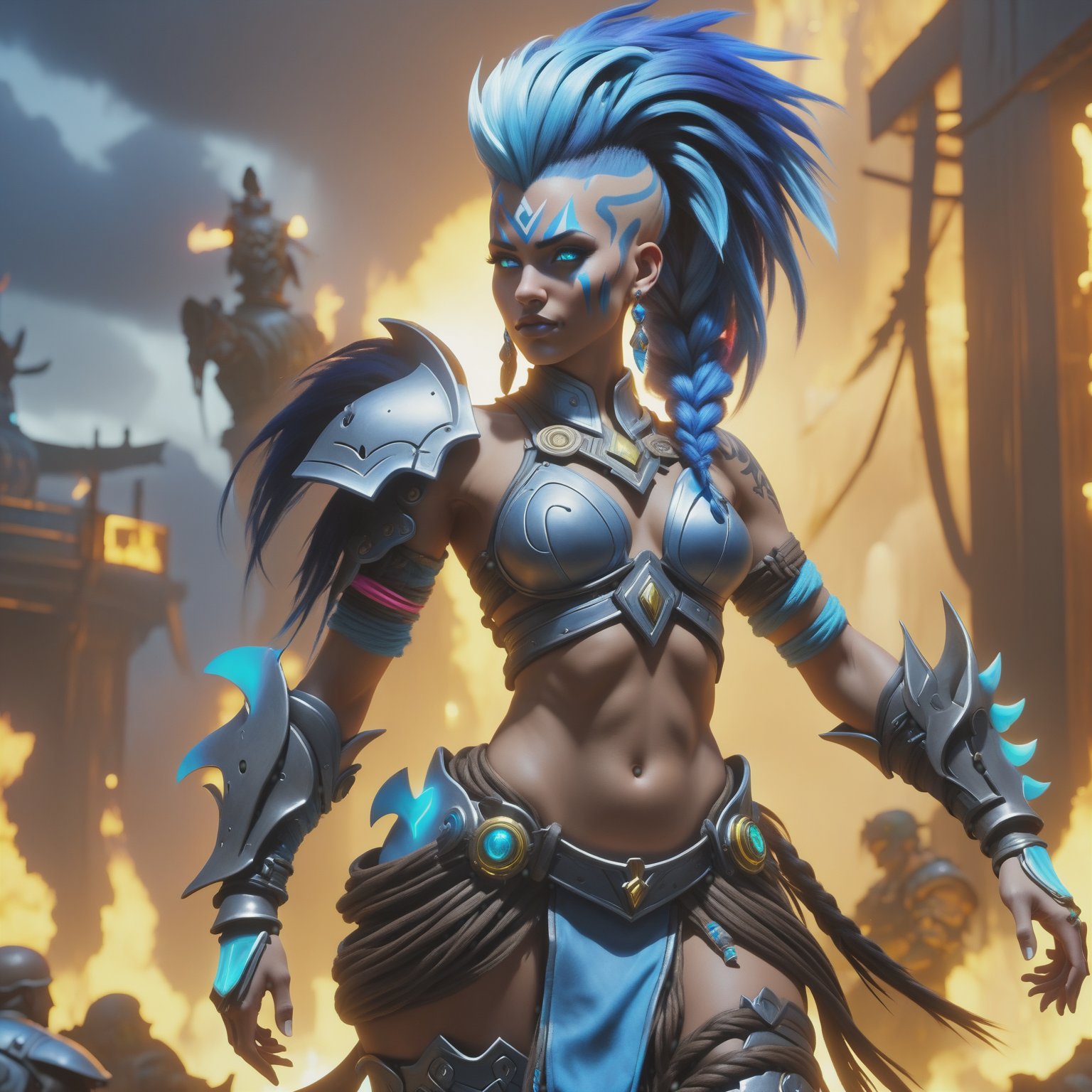 (best quality), (4K, HDR), ((OverwatchxDark Fantasy)),barbarian junker queen, tall woman, blue mohawk hair braids, shining body, glowing look, looking at camera, fallout style armor and clothing, fantasy, vibrant colors,  dark ,DonM3l3m3nt4lXL