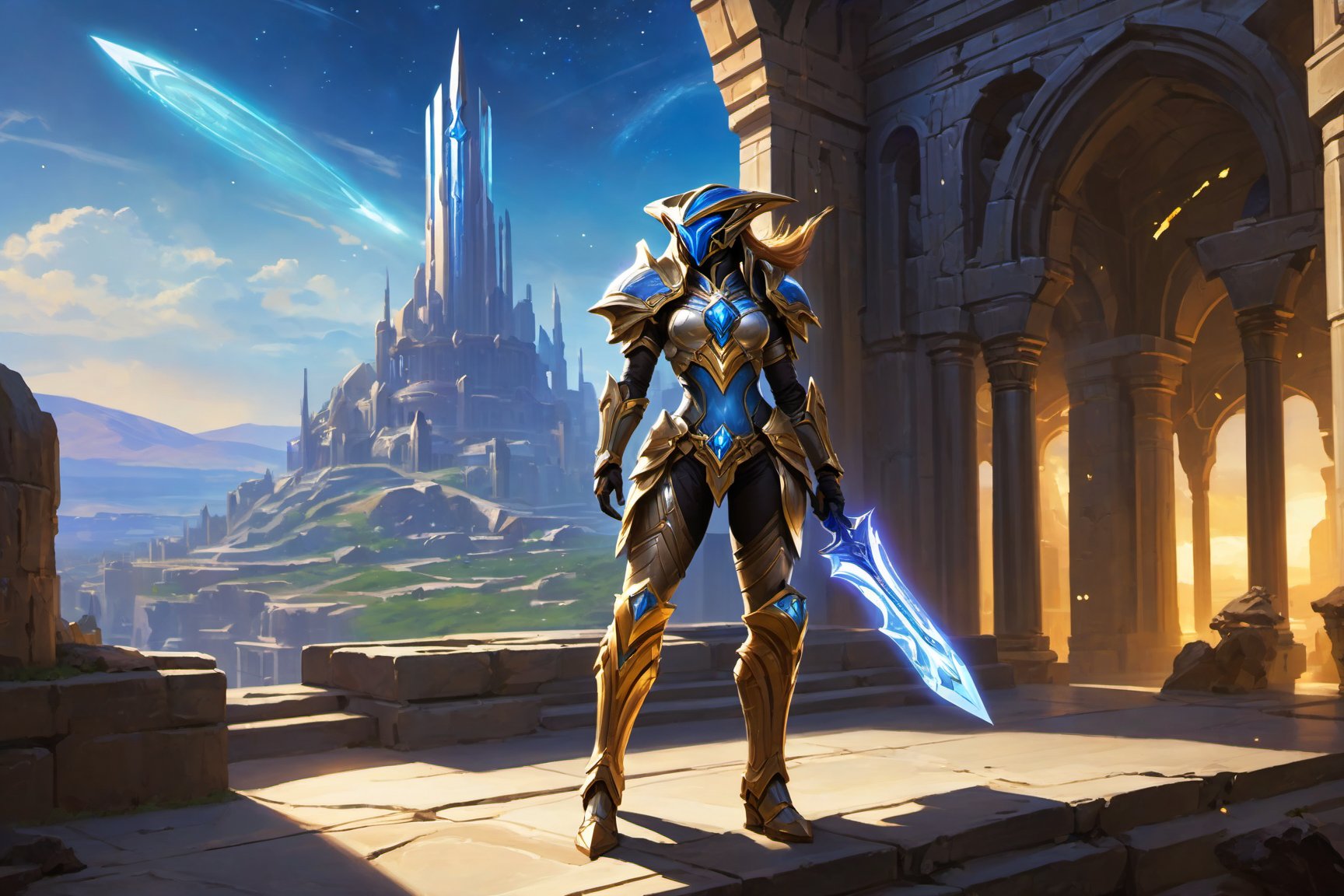 Aiur's Azure Horizon: A majestic female Protoss warrior, Zeratul's finest, stands victorious amidst the ruins of her homeworld. Golden light of dawn casts a warm glow on the cityscape, where crystalline spires and gleaming archways reflect the vibrant colors of the surrounding landscape. In the foreground, the warrior's armor glistens with an otherworldly sheen.

Camera shot 1: A wide-angle view captures the breathtaking vista, with the warrior centered in a dramatic pose, her staff crackling with energy as she surveys the devastation. The city's architecture blends seamlessly with the natural beauty of Aiur's rolling hills and azure skies.

Camera shot 2: A medium shot zooms in on the warrior, showcasing her determined expression and athletic physique, clad in a suit of gleaming silver armor adorned with intricate, swirling patterns that seem to shift and shimmer like the stars. The cityscape recedes into the background, emphasizing the warrior's imposing figure.

Depth of field: The foreground, featuring the warrior and the ruins, remains in sharp focus, while the distant landscape softly blurs, creating a sense of depth and dimensionality.

In this 2D masterpiece, every element – from the radiant colors to the intricate details – comes together to create an awe-inspiring, high-quality image that embodies the essence of Protoss ingenuity and resilience.