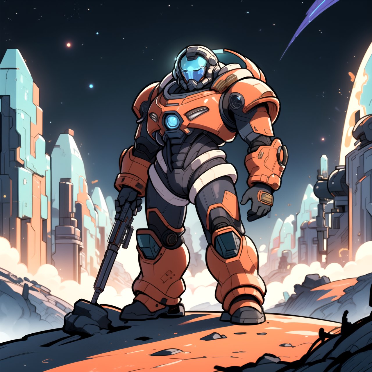 (masterpiece, best quality), (4K, HDR), ((Starcraft)), Terran Patrol:
"Create an image of a Terran Space Marine patrolling a desolate alien landscape. The marine's armor is bulky and heavily armed, with the visor reflecting the eerie glow of distant planets and stars."