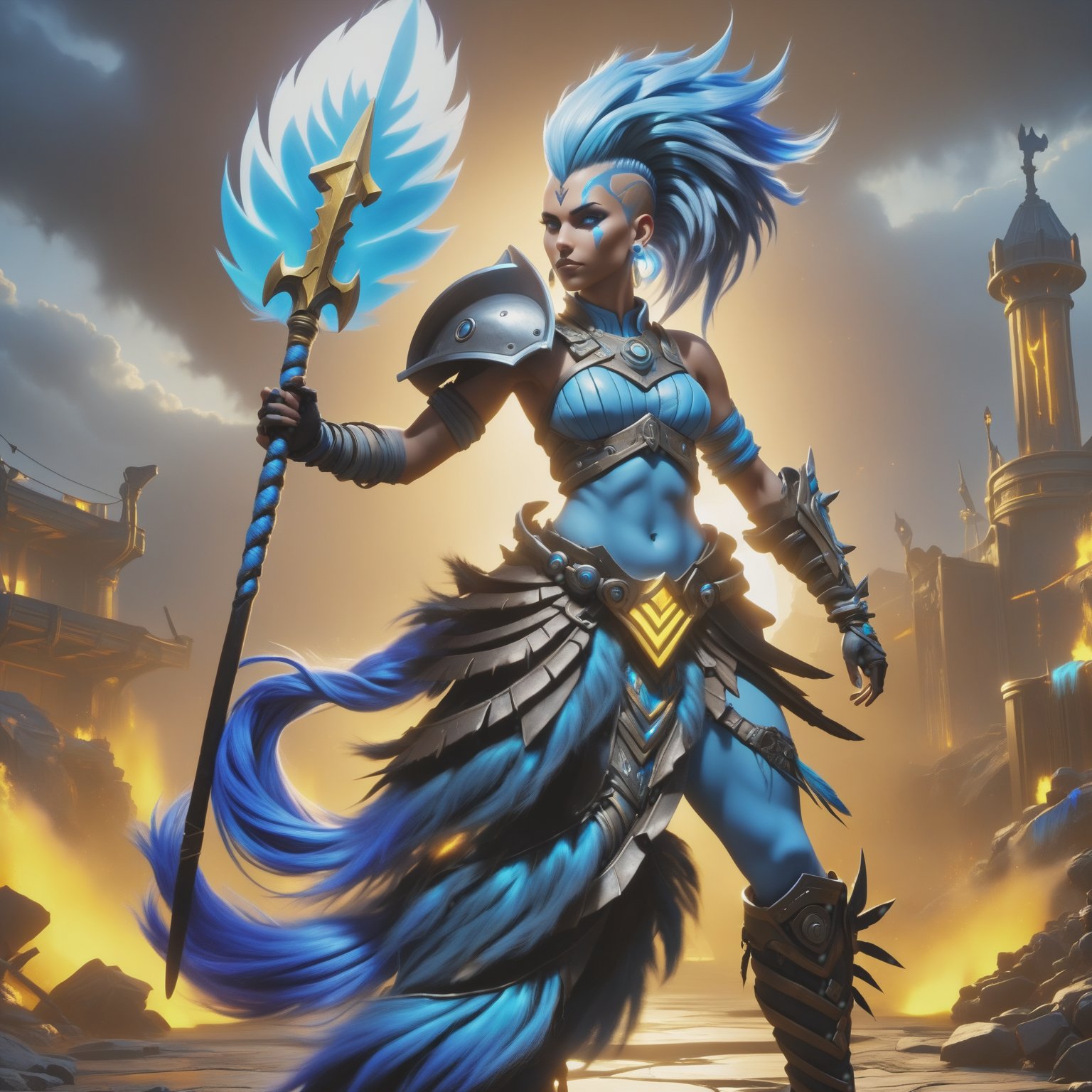 (best quality), (4K, HDR), ((OverwatchxDark Fantasy)),barbarian junker queen, tall woman, blue mohawk hair braids, shining body, glowing look, looking at camera, fallout style armor and clothing, fantasy, vibrant colors,  dark ,DonM3l3m3nt4lXL