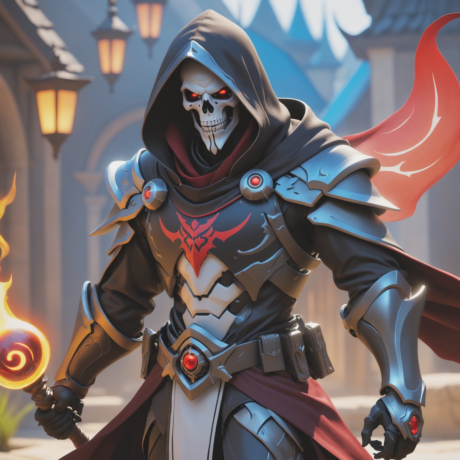 (best quality), (4K, HDR), ((Overwatch)), mage Reaper, musuclar man, hooded, strong body, glowing red eyes, death magic (Death shot), fantasy style armor and clothing, fantasy, vibrant colors, dark fantasy, dark