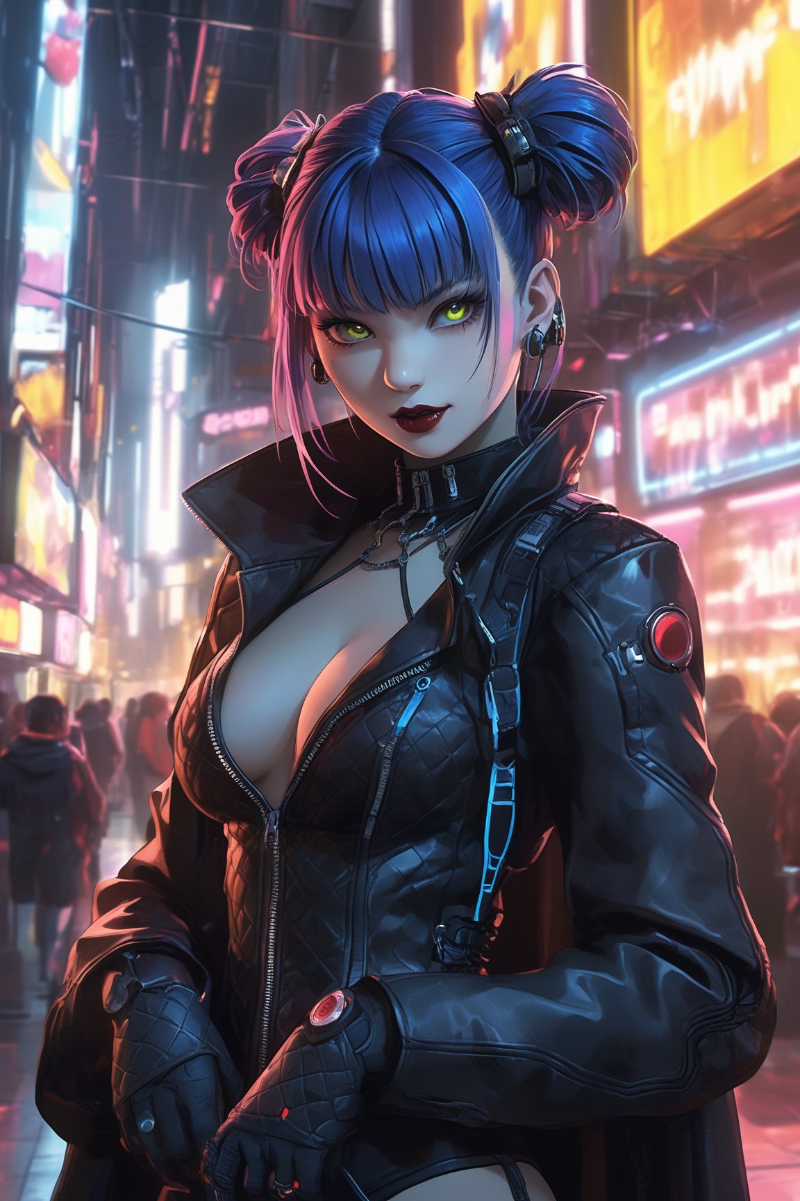 (beat quality, masterpiece), (8K, HDR), 
Cyber Bloodlust:
"Generate an image of a vampire in a bustling cyberpunk nightclub, surrounded by neon lights and digital screens. The vampire's eyes gleam with hunger, and their outfit is a mix of gothic and futuristic styles, blending seamlessly with the high-tech environment."
dark, vibrant, gothic,