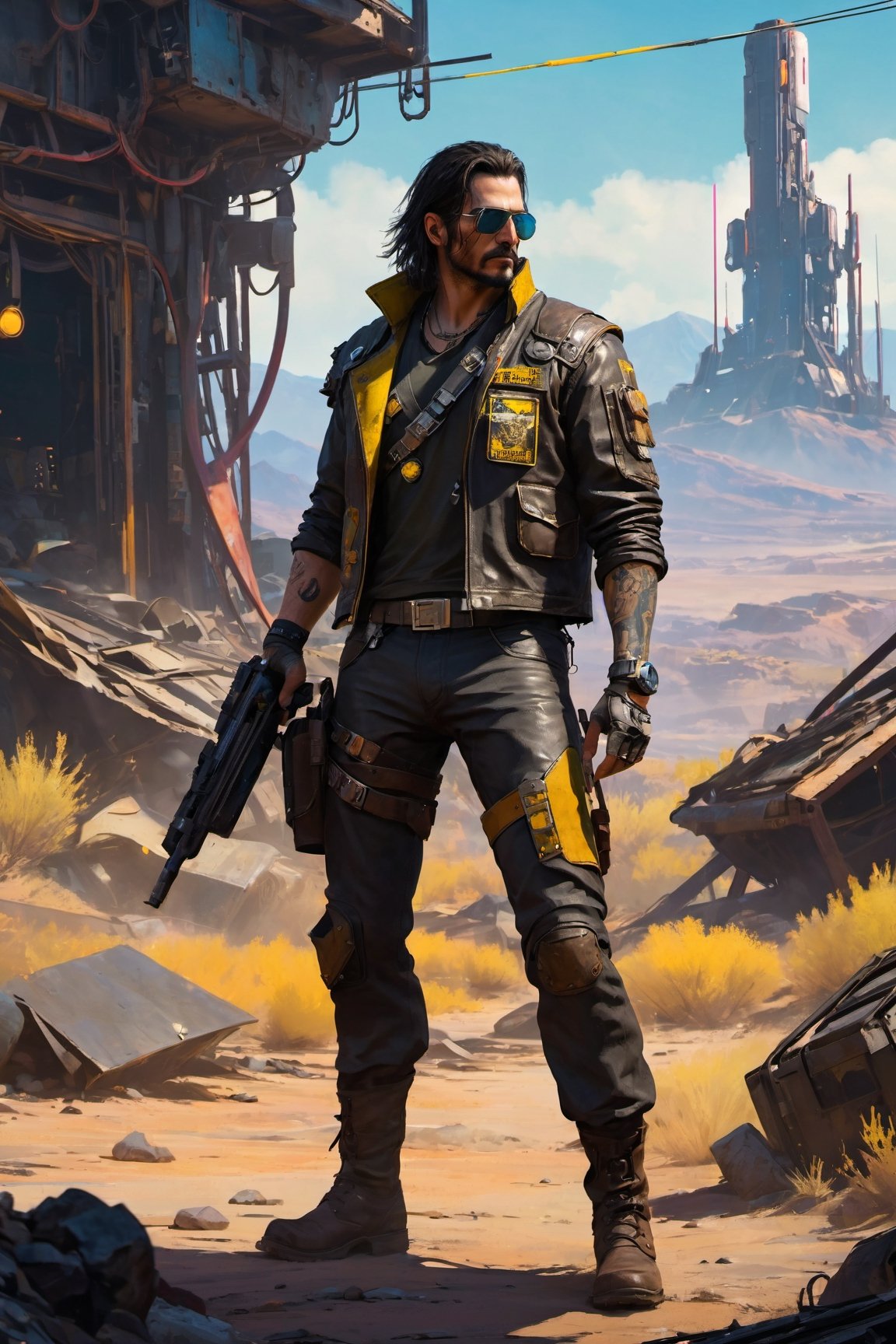 (8k HDR), (masterpiece, best quality), 

"Visualize Johnny Silverhand from Cyberpunk 2077 adapted into the Fallout universe as a rugged wasteland wanderer. He dons a patched-up leather jacket with radiation-resistant lining, adorned with various faction pins and badges from the Fallout world. His iconic cybernetic arm has been further modified with attachments useful for survival in the wasteland, including a Geiger counter and a built-in pip-boy interface. Strapped to his back is a makeshift electric guitar, cobbled together from old world tech and scrap parts. He navigates a rocky terrain littered with the debris of fallen airships and distant views of dilapidated structures, his gaze fixed on the horizon, a defiant symbol of survival and resistance against the chaos of the wasteland."

dark atmosphere, vibrant colors, (various camera shots), depth of field, 2D