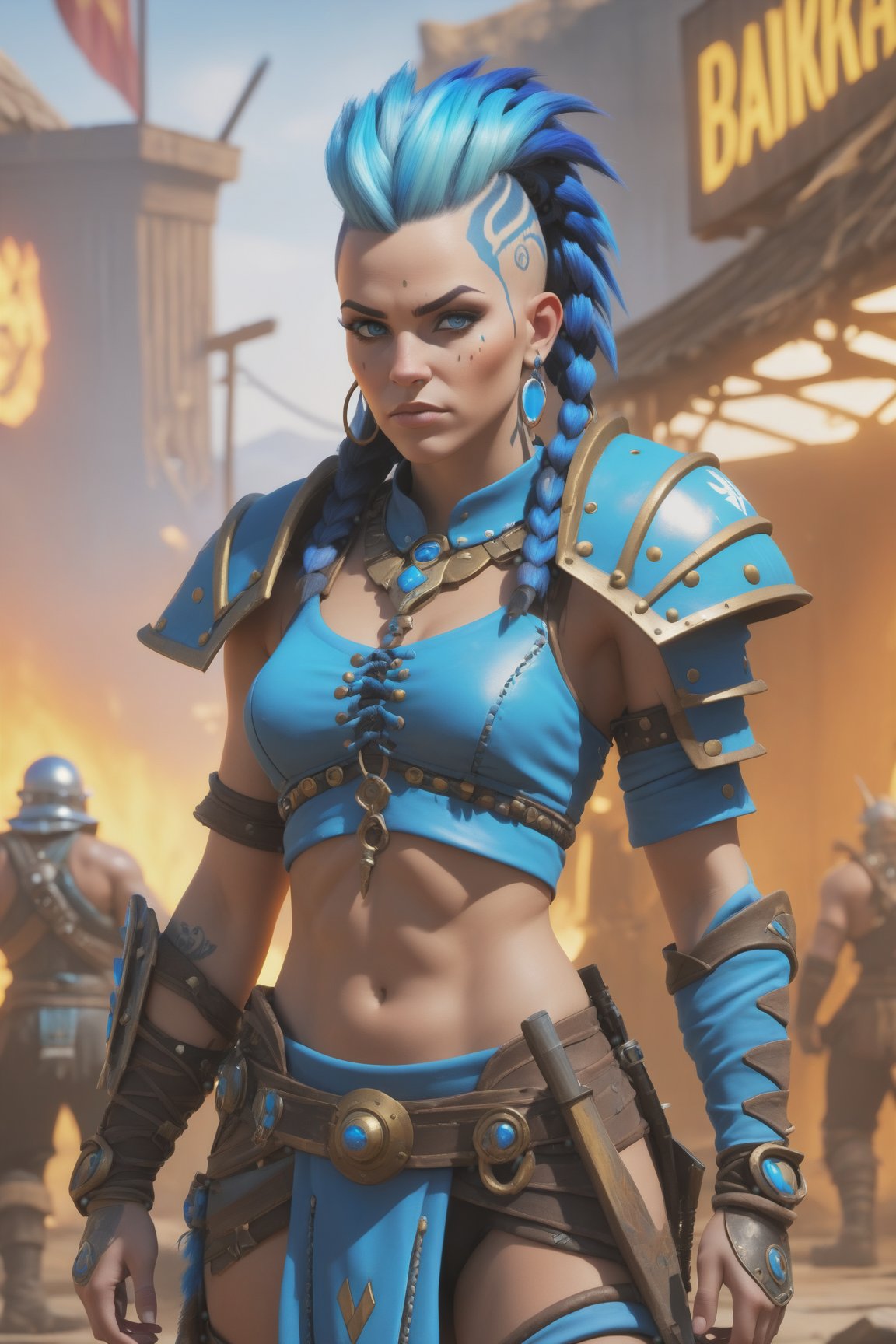 (best quality), (4K, HDR), barbarian junker queen, tall woman, blue mohawk hair braids, shining body, glowing look, looking at camera, fallout style armor and clothing, fantasy, vibrant colors, 