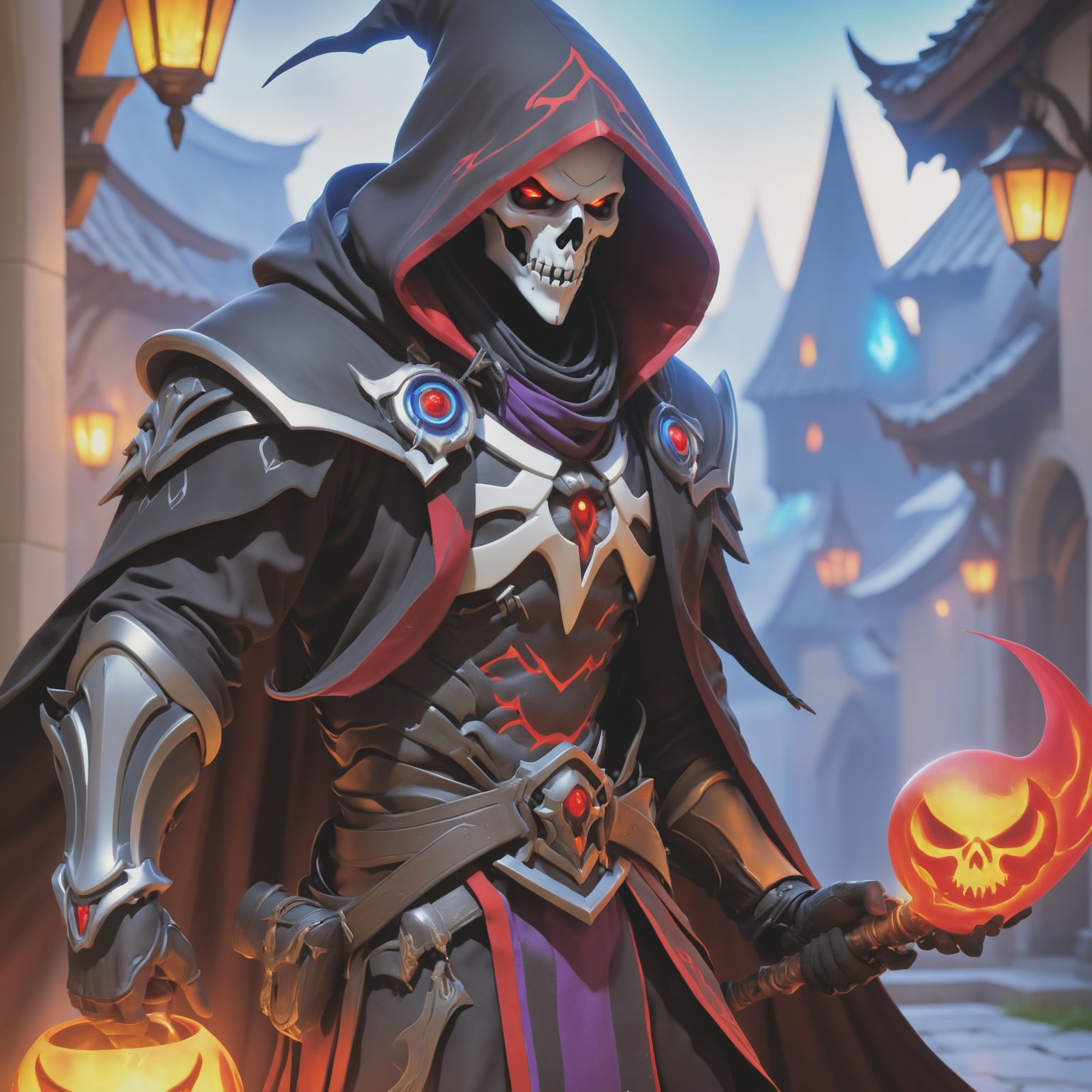 (best quality), (4K, HDR), ((Overwatch)), mage Reaper, musuclar man, hooded, strong body, glowing red eyes, death magic (Death shot), fantasy style armor and clothing, fantasy, vibrant colors, dark fantasy, dark