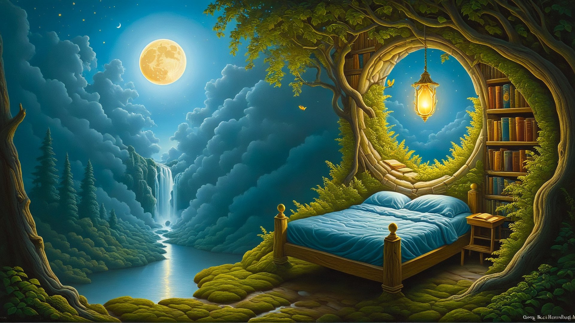 Surrealist art, (best quality, ultra-detailed, masterpiece), surrealism, gentle brushstrokes, solitary and tranquil world, memories of a journey through nature, alcove, bed, books, forest, night, moon melting into waterfall, firefly lamp, fantasy landscape, Greg Rutkowski, Jacek Yerka, Vladimir Kush, Rob Gonsalves, surreal art, oil paint, surreal background,