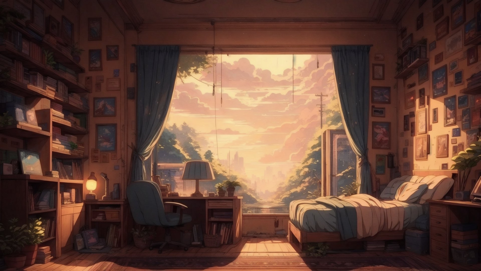 (masterpiece), best quality, scenery, indoors, bedroom, cassette player, bed, window, desk, curtain, beanbag chair, lava lamp, polaroids, kawaii, cute, girly decorations, dreamy colors, 90s, LOFI, retro anime, lofi artstyle,retro artstyle, no_humans, bokeh, simple background, anime_screencap,pastelbg