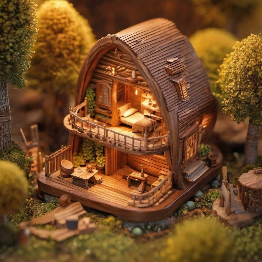 a miniature wooden cabin room inside an acorn, the promise of life unfolds in a microscopic realm. incredibly detailed, a microscopic photo, photorealism,Magical Fantasy Style