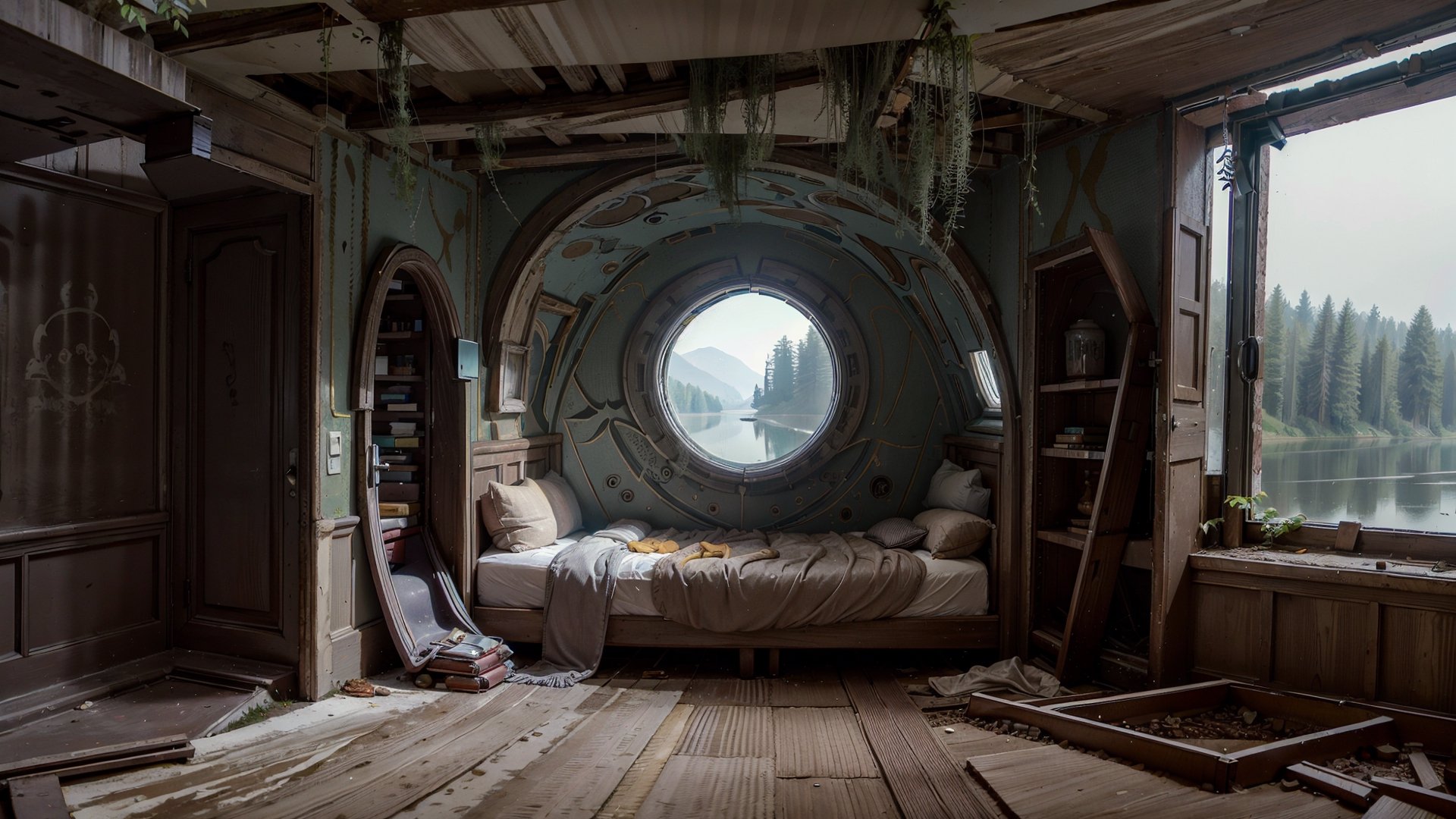 (masterpiece), best quality, indoors, bedroom, dreamy, no_humans, peaceful night, portal to another world, view of a moonlit lake, nature, forest, round doorway, fantasy,abandoned_style, brutaltech, overgrown