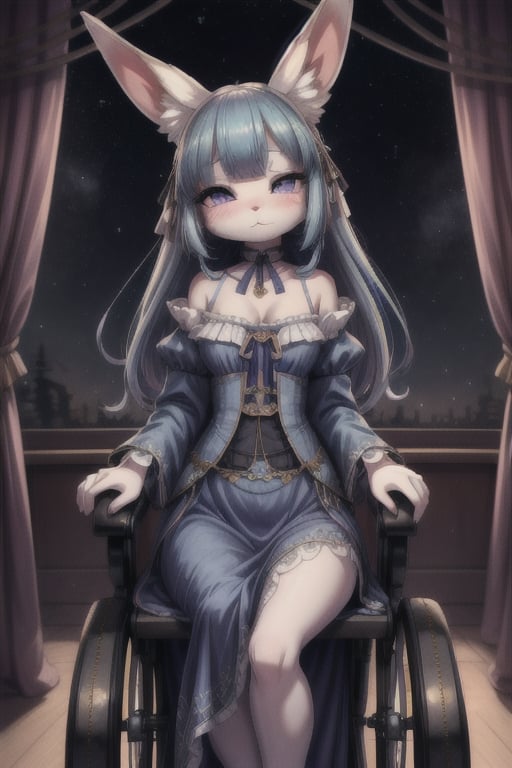 (masterpiece:1.3),(best quality:1.2),1910s clothing style,edwardian,art_nouveau,intricate,detailed,female,cub,loli,anthro,furry,kemono,detailed_fluffy_fur,rabbit,bunny,white fur,dark blue hair,indigo hair,long hair,hair_over_eye,long bangs,curtain_bangs,Rem's bangs,iridescent violet eyes with blue around the edges,antique wood wheelchair,flowing dress,long dress,long skirt,embroidered caftan,covered shoulders,kawaii,languid,somber,emotionless,sad expression,eye_visible_through_hair,eyes_half_closed,dreamy,steampunk,clockpunk,flat_chested,pettanko,skinny,very thin,slim thighs,slim legs,small hip,slender,delicate,stars,night sky,uploaded_on_e621.pop_art,xjrex,hair_down,dark dress,telescope,perfecteyes