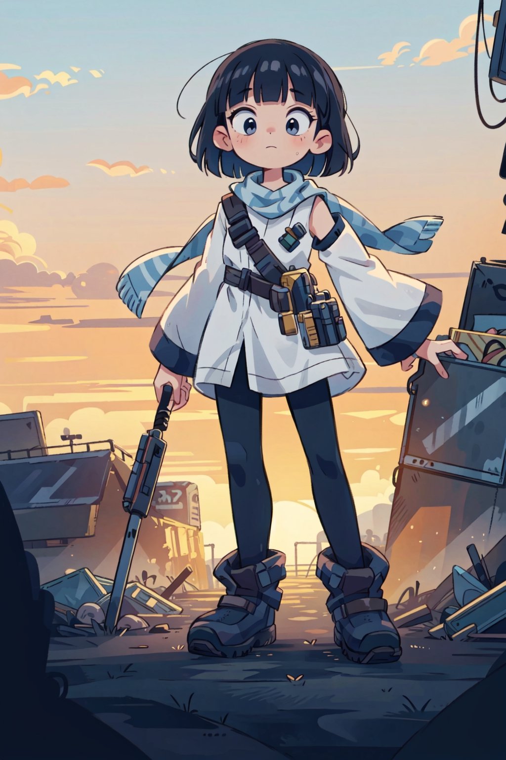 nice hands, perfect hands, 1girl, solo, pale, white skin, bluish_black_hair, bob_cut, straight hair, blunt bangs, dark_blue_eyes, (((white tunic))), flat_chested, ((black sleeves)), long sleeves, scarf, ((black leggings)), boots, junkyard, orange sky, (full_body), (masterpiece:1.2), (best quality, highest quality), (ultra detailed), (8k, 4k, intricate), (50mm), (highly detailed:1.2),(detailed face:1.2), detailed_eyes,(gradients),(ambient light:1.3),(cinematic composition:1.3),(HDR:1),Accent Lighting,extremely detailed,original, highres,(perfect_anatomy:1.2),post-apocalypic_fashion,ToxicPunkAI,
