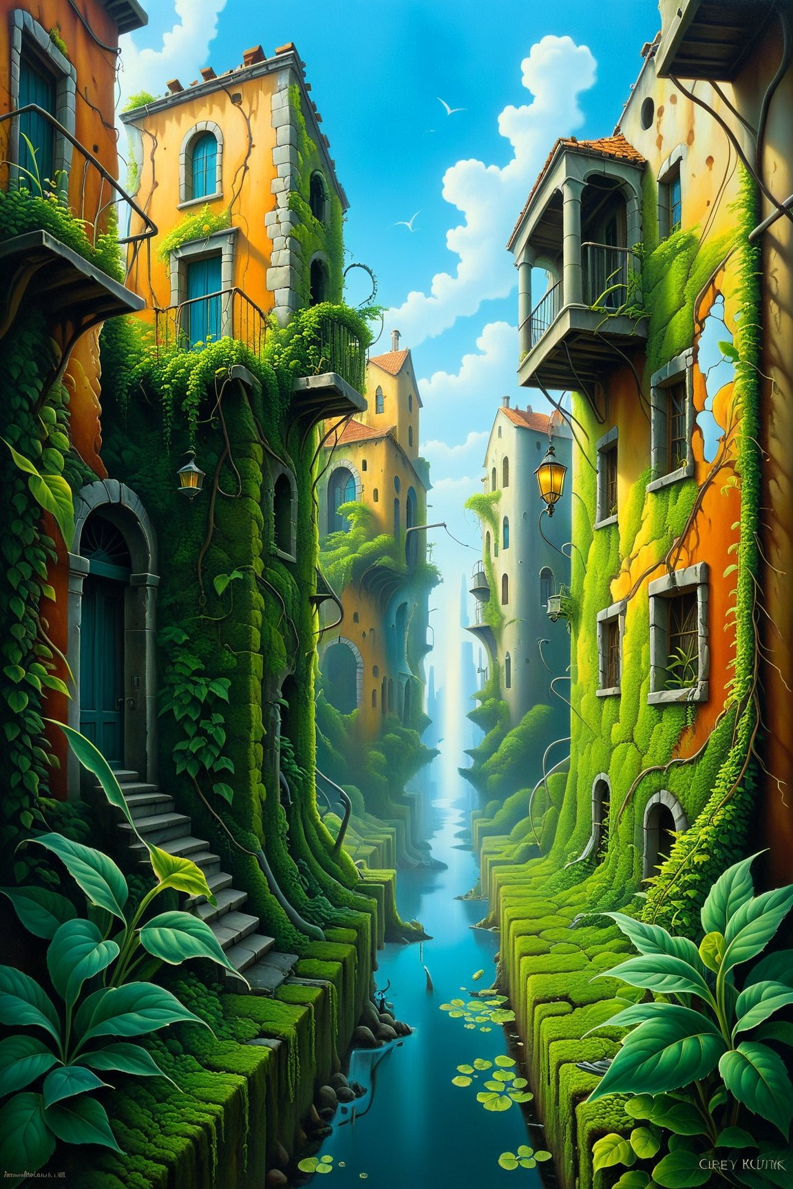 Surrealist art, (best quality, ultra-detailed, masterpiece), surrealism, gentle brushstrokes, solitary and tranquil, city ruins, overgrown, Greg Rutkowski, Jacek Yerka, Vladimir Kush, Rob Gonsalves, surreal art, oil paint, surreal background,