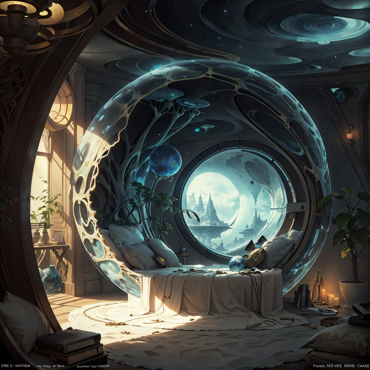 indoors, (alcove_bed, alcove), cozy room, round window with a view of an alien landscape, art nouveau, fantasy, scifi, cosmiclandscapes, starry sky, alien plants,