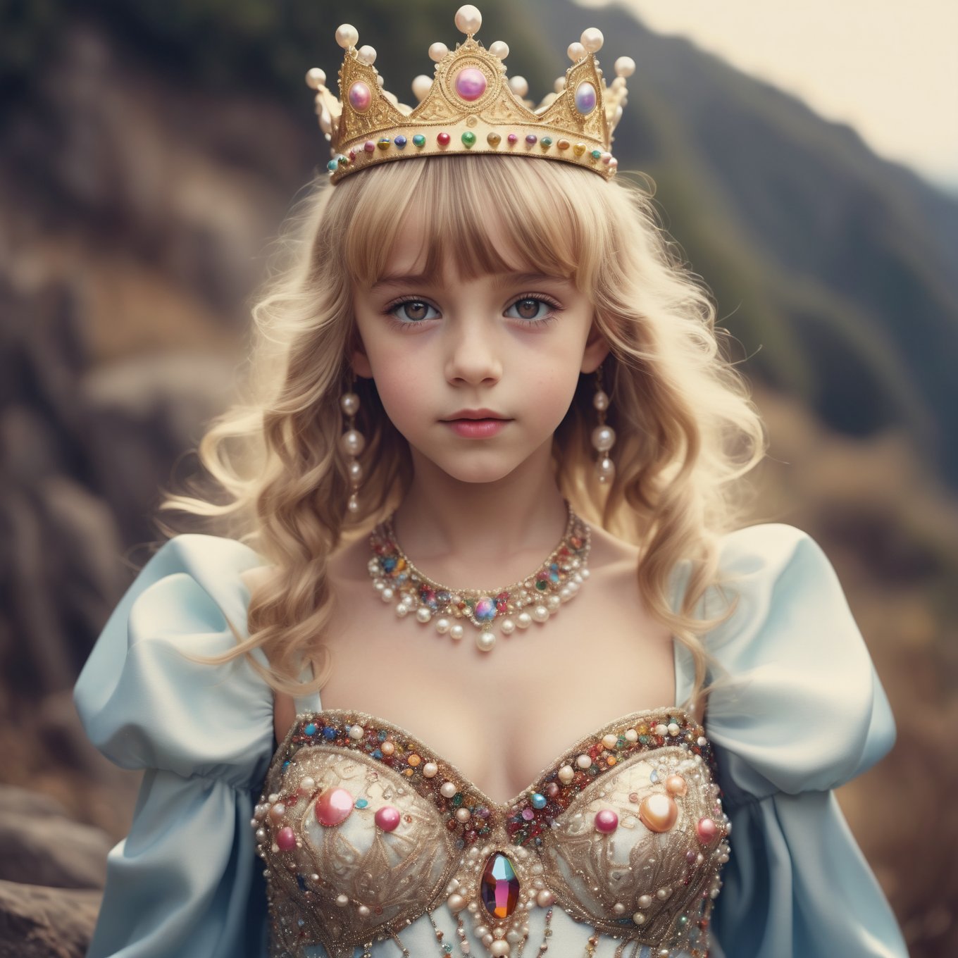 a goddess preteen with beautiful detailed face with big brown happy eyes blond hairs with bangs hairs , full dress made of colourful shining pearls and wearing crown . full view beautiful scenery, showing completely above the waist, in an ultra-realistic style, captured with a Hasselblad H6D-400c Multi-shot, Mitakon Speedmaster 300mm f/5.6 XCD and cinematic CGI.