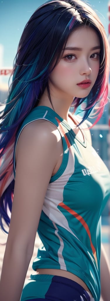 16K, HDR, masterpiece, a girl, (((colorful hair, volleyball outfit))). Half-length side view, anime style illustration with hyper-realistic details, symmetrical face, provocative eyes and soft smile. Enhanced cinematic lighting, lens flare and bokeh effects. Influenced by the art of H.R. Giger and Beksinski, presented in pastel watercolors and vivid tones.,High detailed 