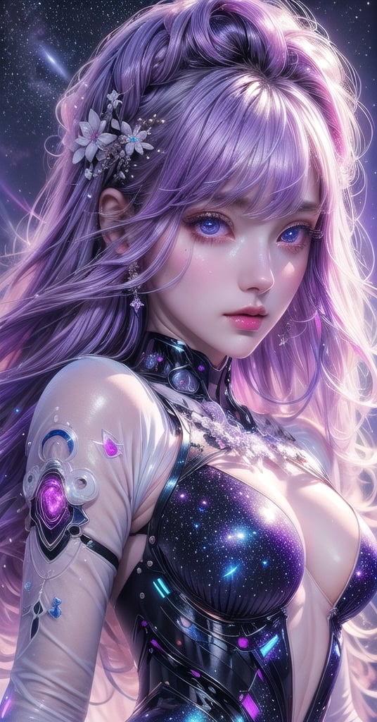 masterpiece, best quality, 1 girl, solo, ((an extremely delicate and beautiful)), purple hair, milky white skin,beautiful detailed eyes, at night , beautiful starry sky, contrast, mecha clothes (colourfull, neon),High detailed ,Neon Light, 