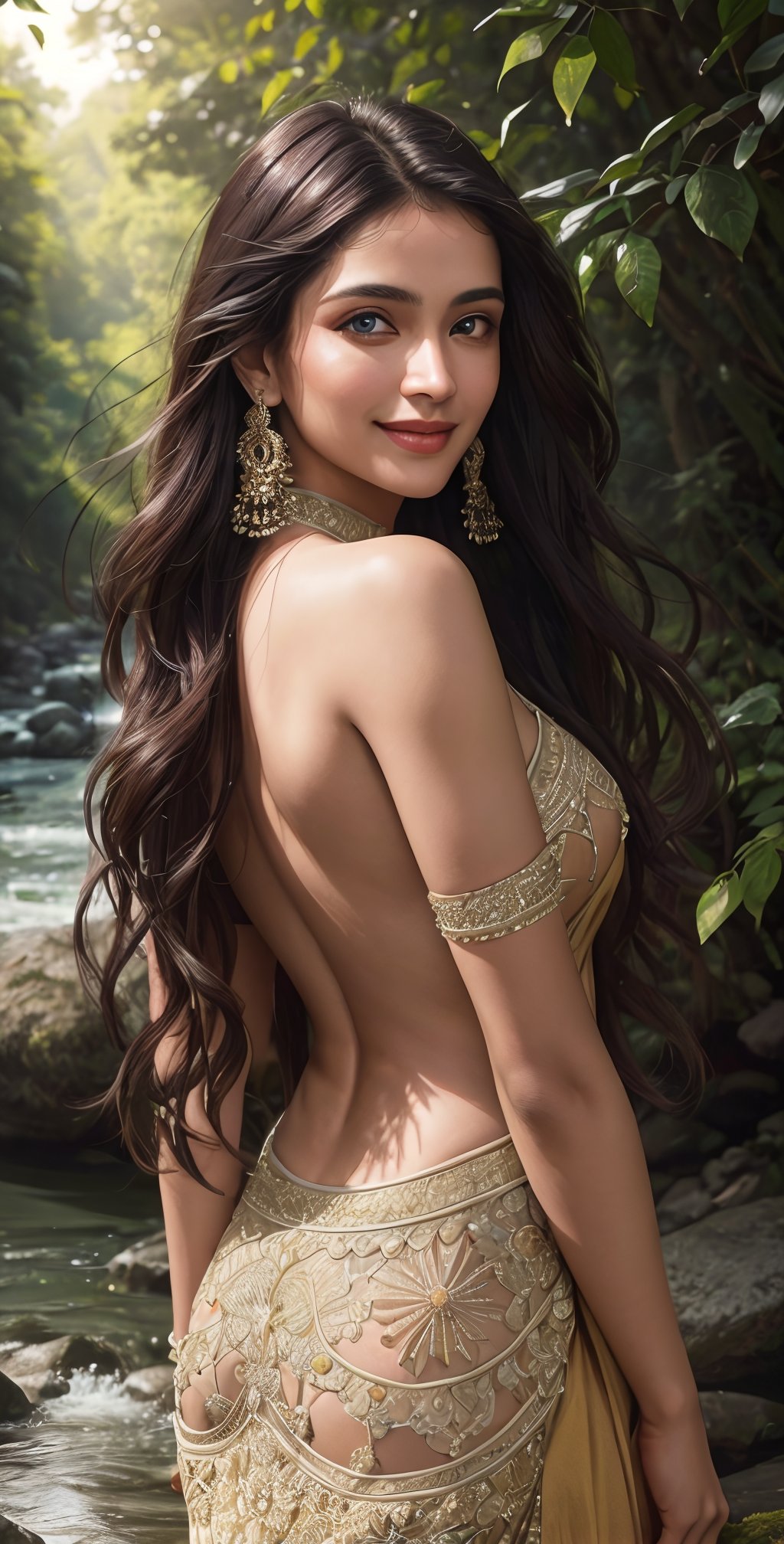Realistic, (highly extreme detailed), (high quality resolution 4k), (high detailed face),  fashion photography portrait of beautiful indian girl with long hair, blue eyes, lite smile,  nice figure, slim back, Indian dress, on river side, 3d render, cgi, symetrical, octane render, 35mm, bokeh, 9:16, (intricate details:1.12), hdr, (intricate details, hyperdetailed:1.15), (natural skin texture, hyperrealism, soft light, sharp:1.2), detailed, sunlight passing through foliage, 