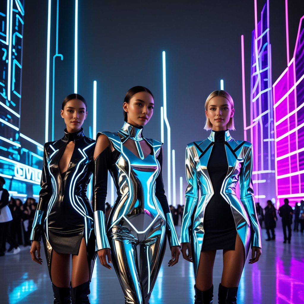 A captivating image of futuristic fashion, featuring models in sleek, high-tech outfits made from innovative materials. The designs should be bold and avant-garde, incorporating metallic fabrics, LED elements, and geometric patterns. The backdrop is a futuristic cityscape with neon lights and advanced technology, creating a vision of fashion in the future