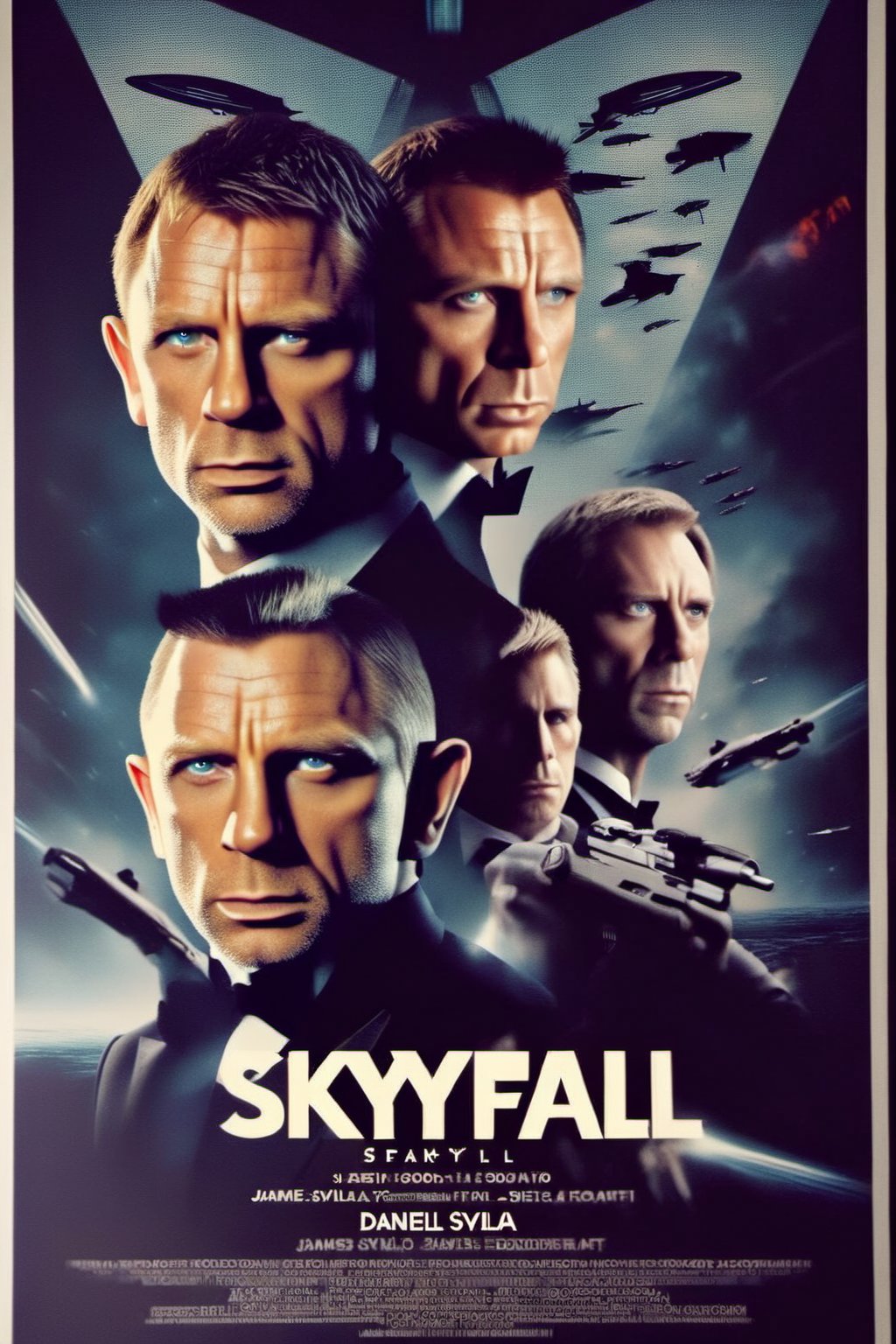Movie poster, Skyfall is the twenty-third film in the James Bond series, It features Daniel Craig's third performance as James Bond, and Javier Bardem as Raoul Silva, the film's antagonist. text at bottom says "Skyfall" in sci-fi font