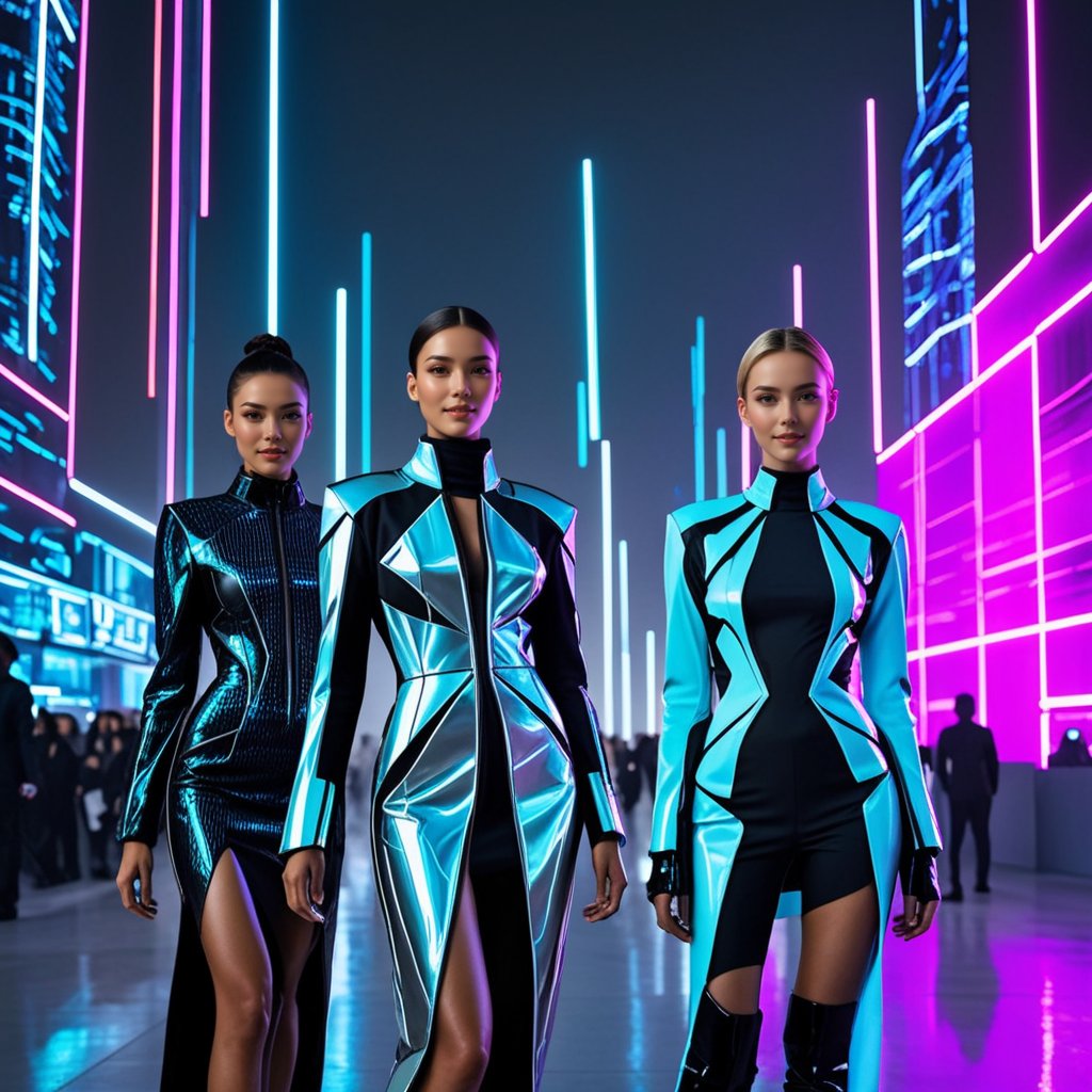 A captivating image of futuristic fashion, featuring models in sleek, high-tech outfits made from innovative materials. The designs should be bold and avant-garde, geometric patterns. The backdrop is a futuristic cityscape with neon lights and advanced technology, creating a vision of fashion in the future