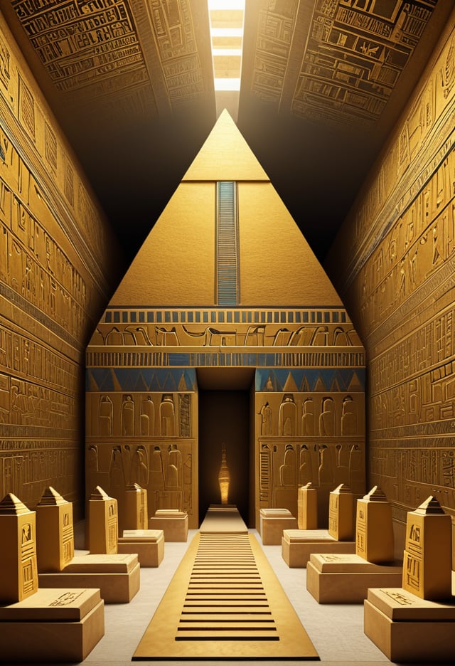 Panopticon Octavio Pyramid: Egyptian civilization, Archaeologists studying the golden sarcophagi and hieroglyph-adorned walls of Tutankhamun's burial chamber are mythology way. conceptual digital art. Cubism, religiosity, dualism. Into, inside out, insert. Crispy quality