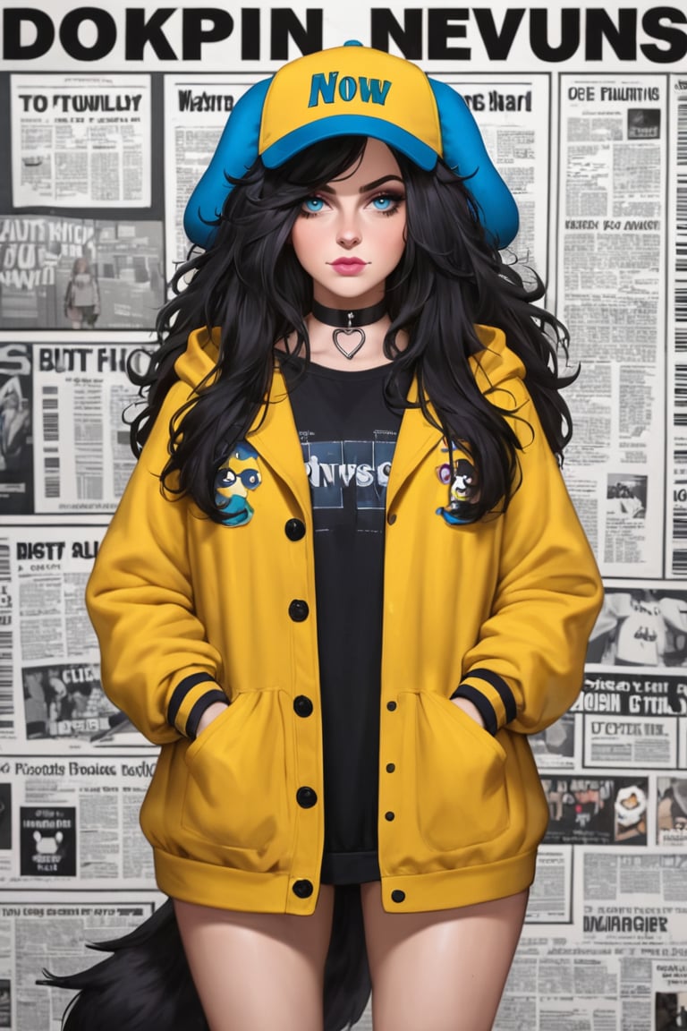  big hair, hair flowing over, messy hair, blue eyes, choker, closed mouth, collar, dog tail, hand in pocket, hat, hat with ears, hood, hoodie, jacket, yellow jacket, long hair, long sleeves, looking at viewer, nail polish, open clothes, open jacket, newspaper wall background,