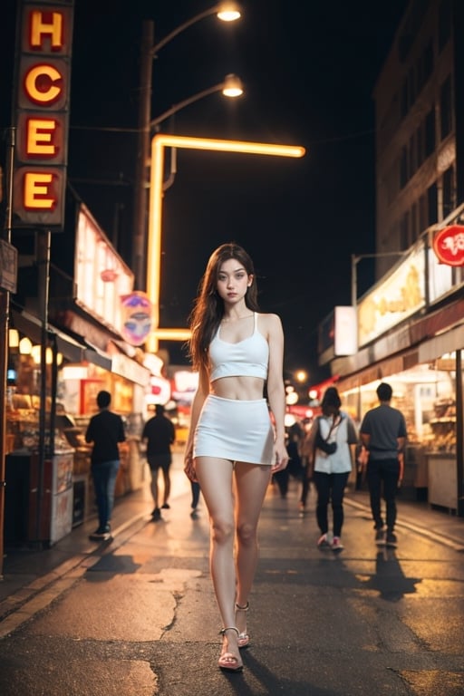 realistic close portrait of very beautiful girl, a young supermodel girl, asian market backgroud, shop neon signs, night city lights, green eyes, full body photo, photo realistic, perfect fitness body, long legs, beautiful perfect symmetrical face, expressive eyes, doe eyes, high cheekbones, long hair, long beautiful flowing ink like hair, delicate makeup, aperture 1. 8, bokeh, lens flare, melancholy expression, extradimensional, ultra hd, hdr, 8k, cinematic lights, extremely high details, asian market backgroud, shop neon signs, night city lights