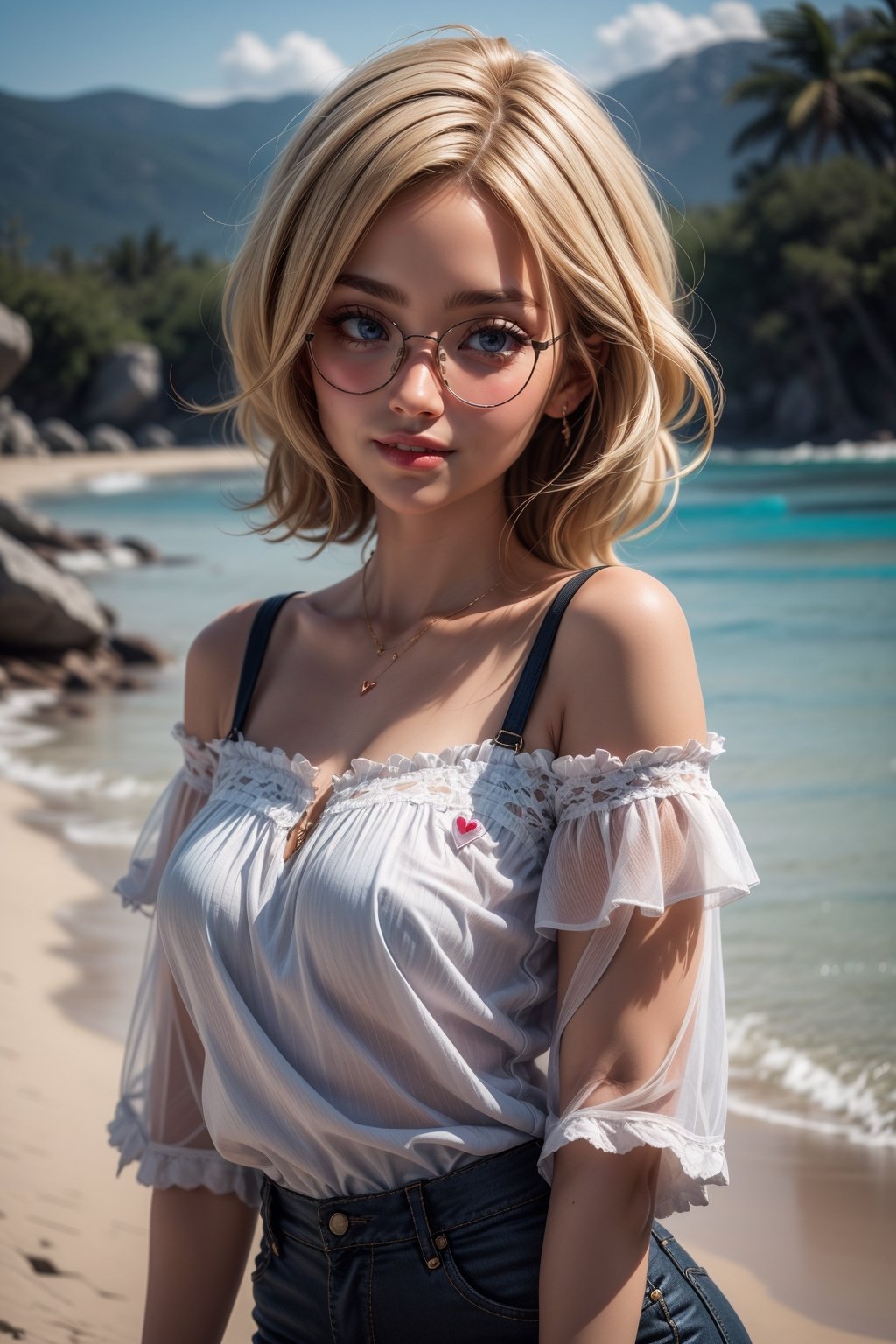 score_9, score_8_up, score_7_up, score_6_up, best quality, masterpiece, 4k, very aesthetic, (artist), highly detailed, perfect anatomy, cinematic light, very cute, (1girl), pretty girl, wearing glasses, megane, short wavy blonde hair, wearing glasses, megane, blue eyes, off-shoulder blouse, blush, breast, young, heart, grinning to viewer, beach background