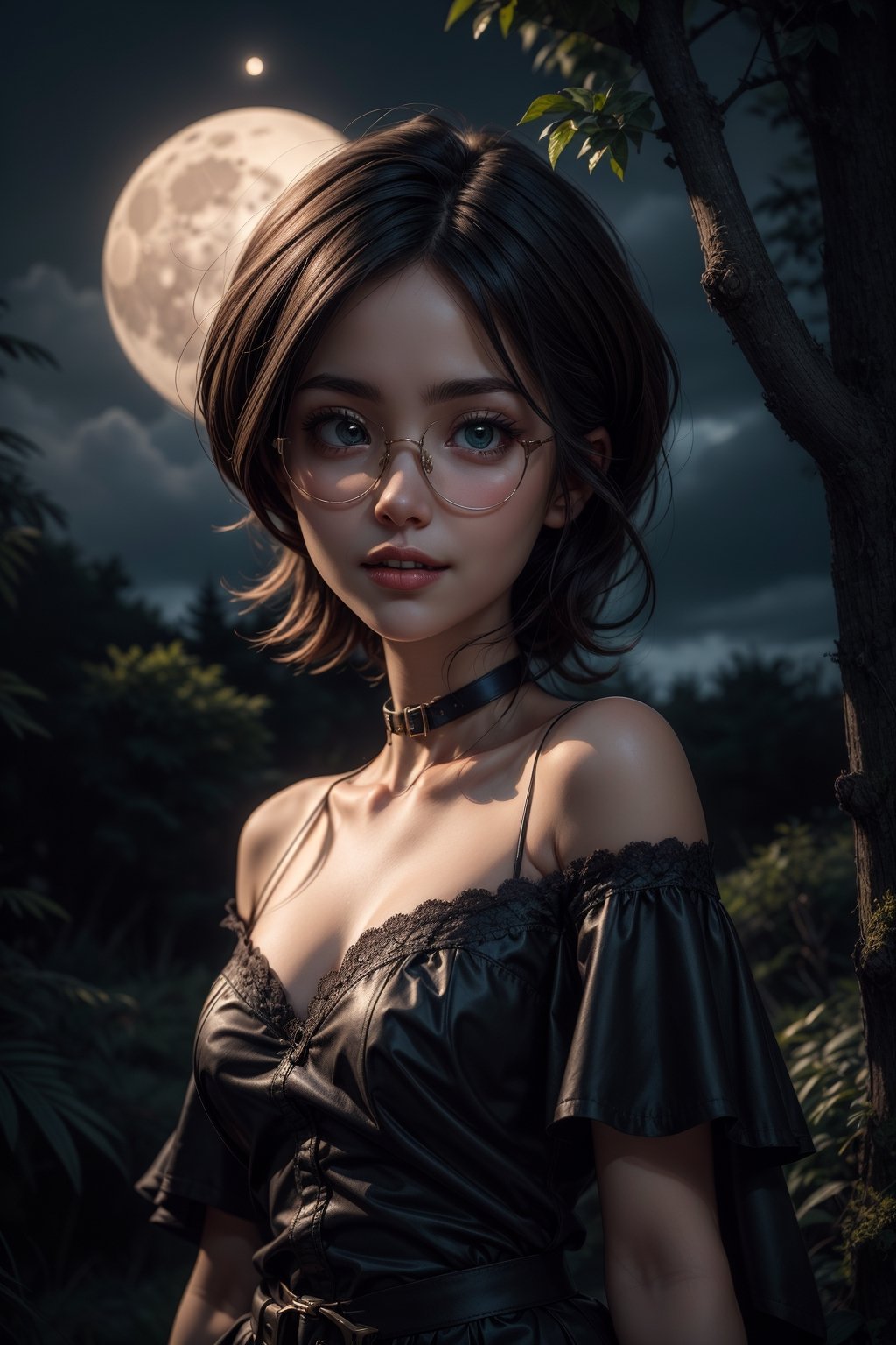 A hauntingly beautiful and high-quality illustration of a female vampire dressed in traditional Celtic attire. She has captivating green eyes, wearing glasses, megane, short hair, red, and messy hair, and a chilling smile. off shoulder, collar, collarbone. The vampire stands in the midst of a tragic, gothic forest at night, with a looming moon casting eerie shadows on the stormy sky. The intricate details of her outfit and the detailed Irish background create a cinematic view reminiscent of the style by Moebius. The high level of detail in her skin and the overall masterpiece quality make this a truly mesmerizing graphic novel illustration.