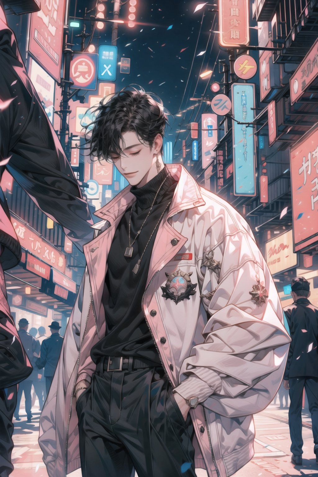 (cowboy_shot:1.1), 1 guy, solo, adult, (mature:0.95), tall, handsome man, black hair, black eyes, sharp eyes, closed eyes, smiling face, midjourney, idol man, pink jacket, black pants, cyberpunk city, neon lights,niji