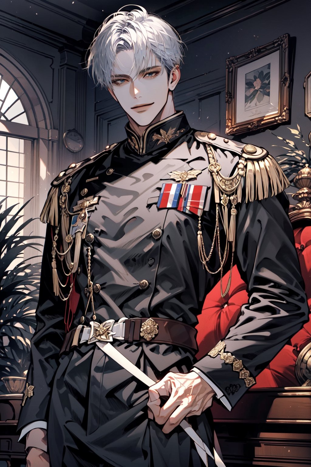 (cowboy_shot:1.1), 1boy, solo, adult, (mature:0.95), tall, handsome man, silver hair, sharp eyes, (smile:0.95), midjourney, dominant, emperor, black uniform, in the room, palace, 1guy,male