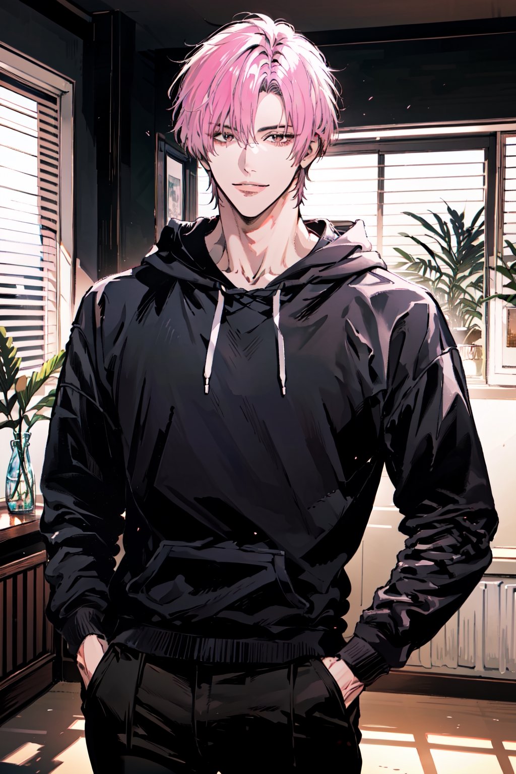 (cowboy_shot:1.1), 1boy, solo, adult, (mature:0.95), tall, handsome man, pink hair, sharp eyes, (smile:0.95), midjourney, hoodie, black pants, in the room, sunlight, 1guy,male,1girl