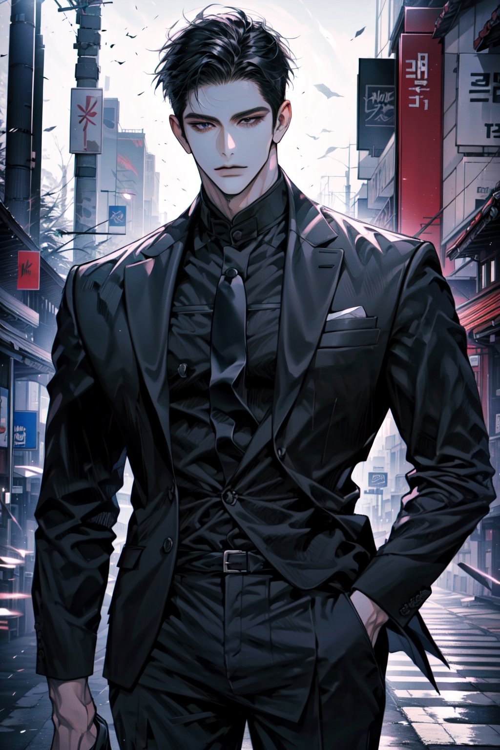 (cowboy_shot:1.1), 1boy, solo, adult, (mature:0.95), tall, handsome man, black hair, sharp eyes, (expressionless:0.95), midjourney, tie, black blazer, black pants, in the city, seoul, buildings, 1guy,male