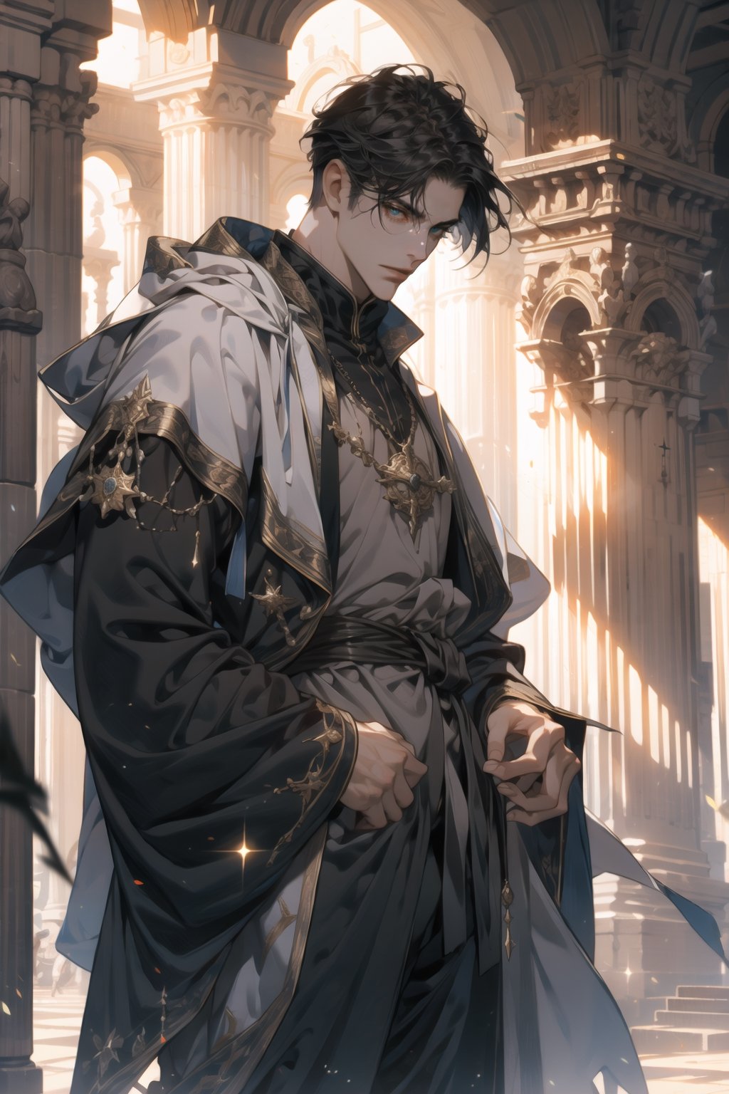 (perfect eyes, looking at viewer), (cowboy_shot:1.1), 1 guy, solo, adult, (mature:0.95), tall, handsome man, black hair, sharp eyes, midjourney, sorcerer, dark magic robe, pants, ancient ruins, magical fantasy,1boy,niji