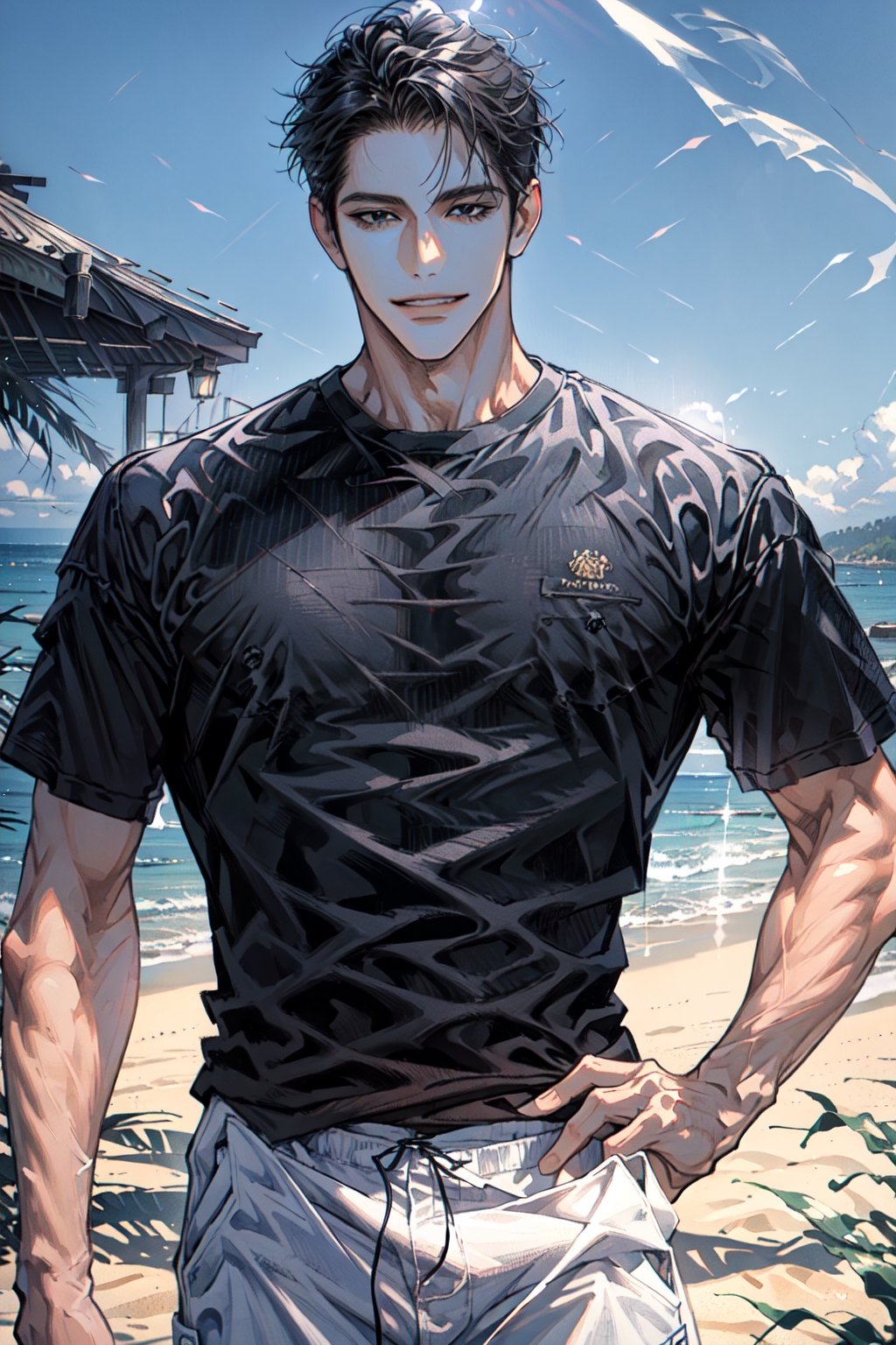(cowboy_shot:1.1), 1boy, solo, adult, (mature:0.95), tall, handsome man, black hair, sharp eyes, (smile:0.95), midjourney, white t-shirt, blue shorts, in the beach