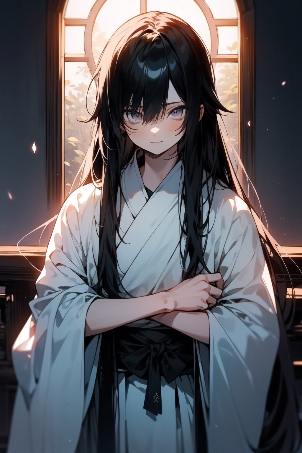 (cowboy_shot:1.1), 1boy, solo, cute, black hair, very long hair, sharp eyes, (smile:0.95), midjourney, white hanfu, lace shawl, in the room, fantasy, sunlight