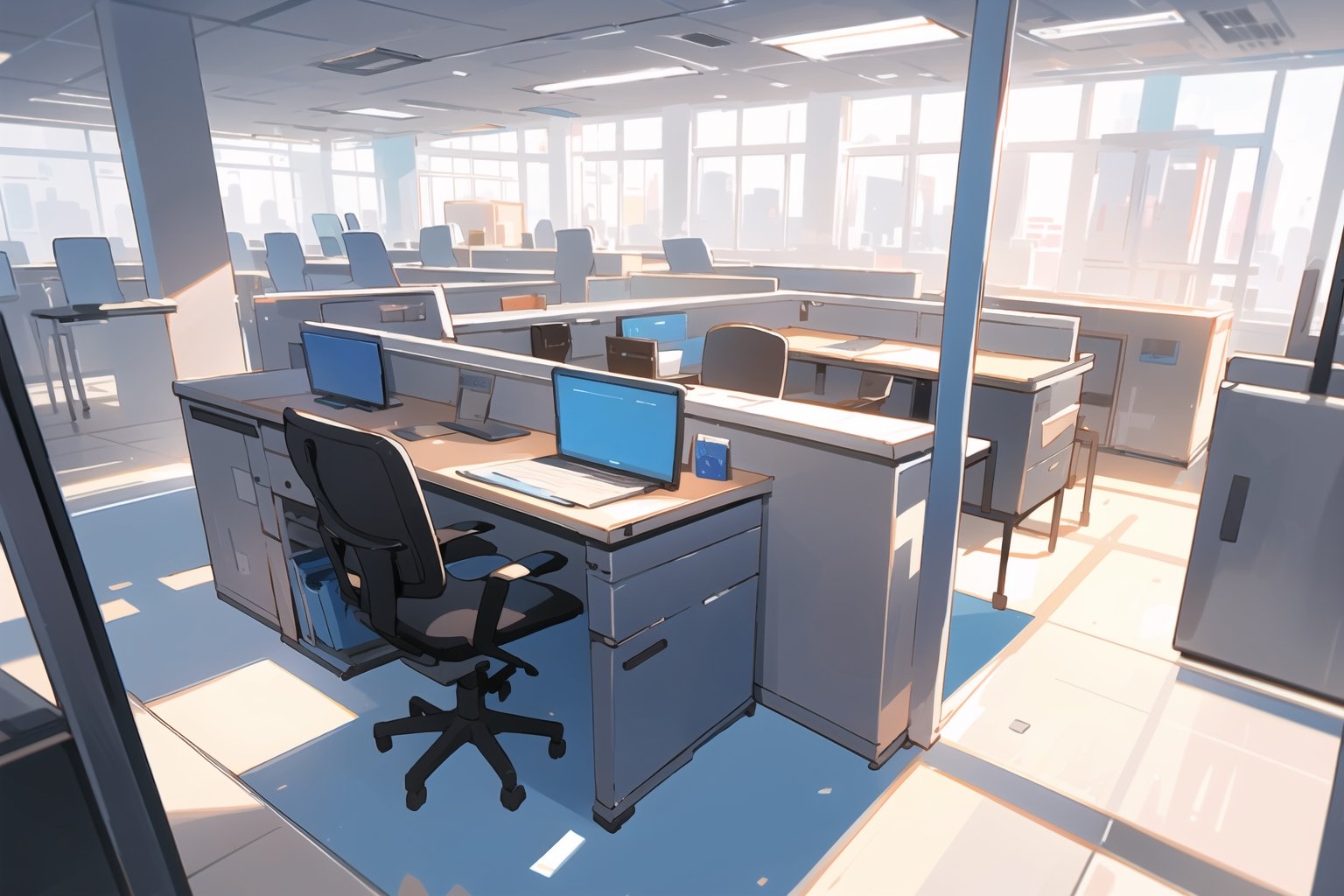 (master piece, best quality), morden office, desk, black chair, file folder, high partition, office items, blue clutter, eye level perspective, no people, only background, warm atmosphere, midjourney, detail background, contemporary