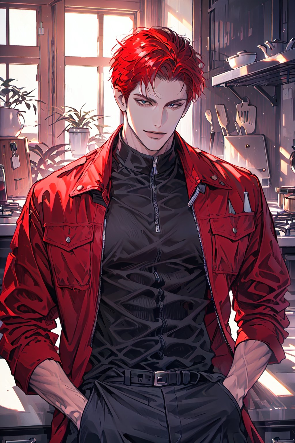 (cowboy_shot:1.1), 1boy, solo, adult, (mature:0.95), tall, handsome man, red hair, sharp eyes, (smile:0.95), midjourney, red jacket, black pants, in the room, kitchen, modern,1boy