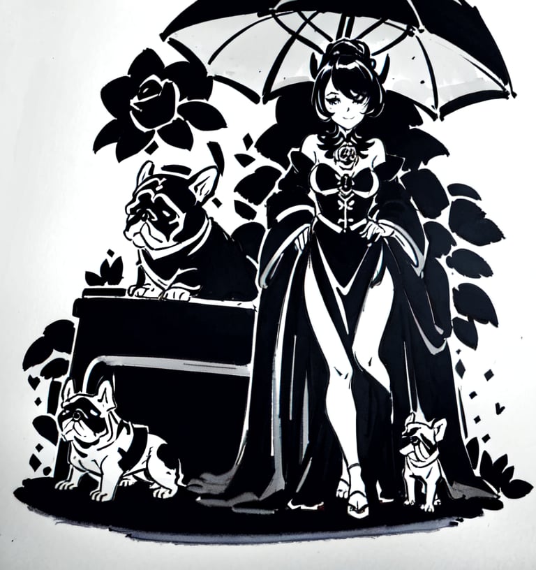 Une jeune femme sexy assise avec un petit chien french bulldog, cheveux long rose pale, habiller en robe noire ,b3rli,SAM YANG,1 girl,inksketch